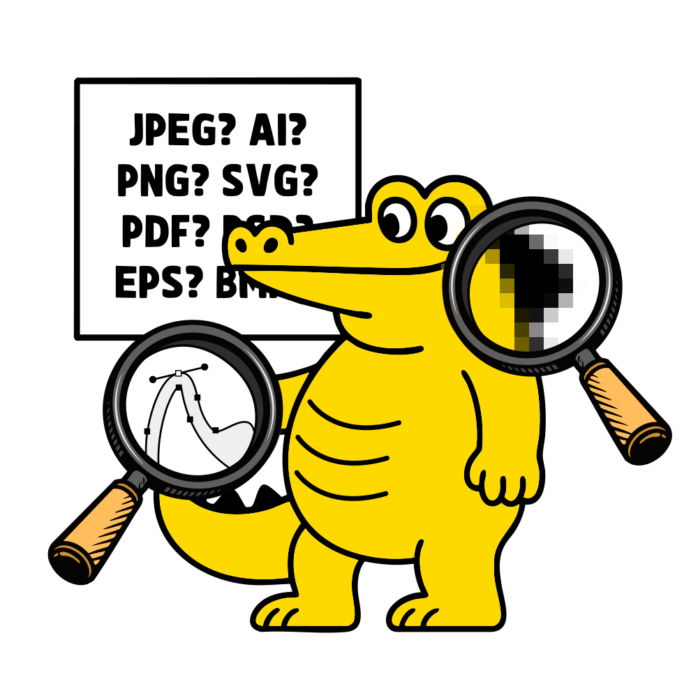 Cartoon alligator holds magnifying glasses showing a vector and raster image; a sign lists file types like JPEG, SVG, PDF, and BMP.