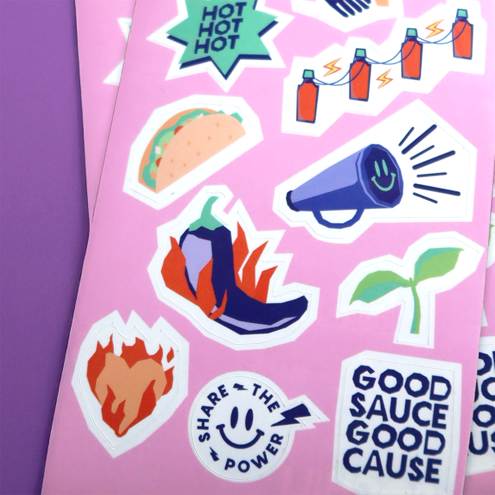 A sheet of colorful SOCHILI stickers on a pink sticker sheet