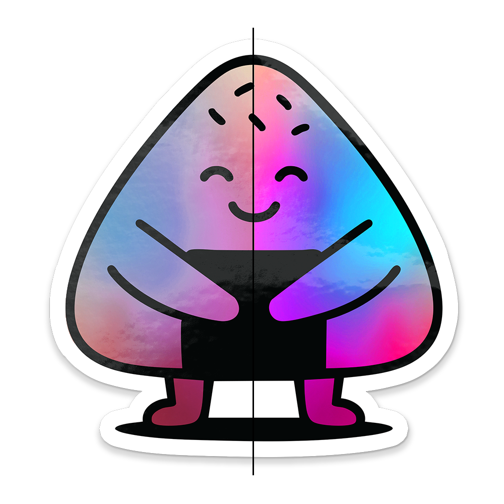 Happy, colorful onigiri character with a gradient of blue, pink, and purple hues, outlined in white on a black background.