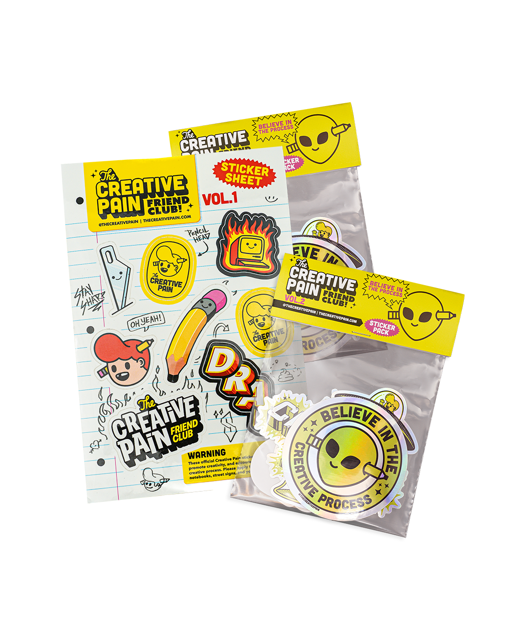 Stickervel van Creative Pain Friend Club naast twee sticker packs met gele headerkaarten