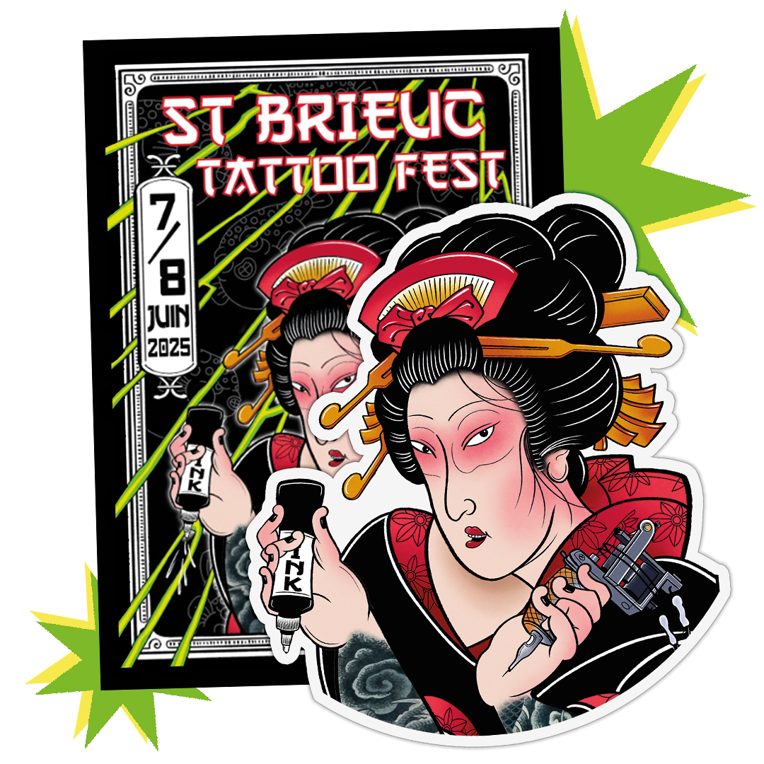 Poster van St Brieuc Tattoo Fest 2025 met een contourgesneden sticker van een geisha met inkt en tattoomachine