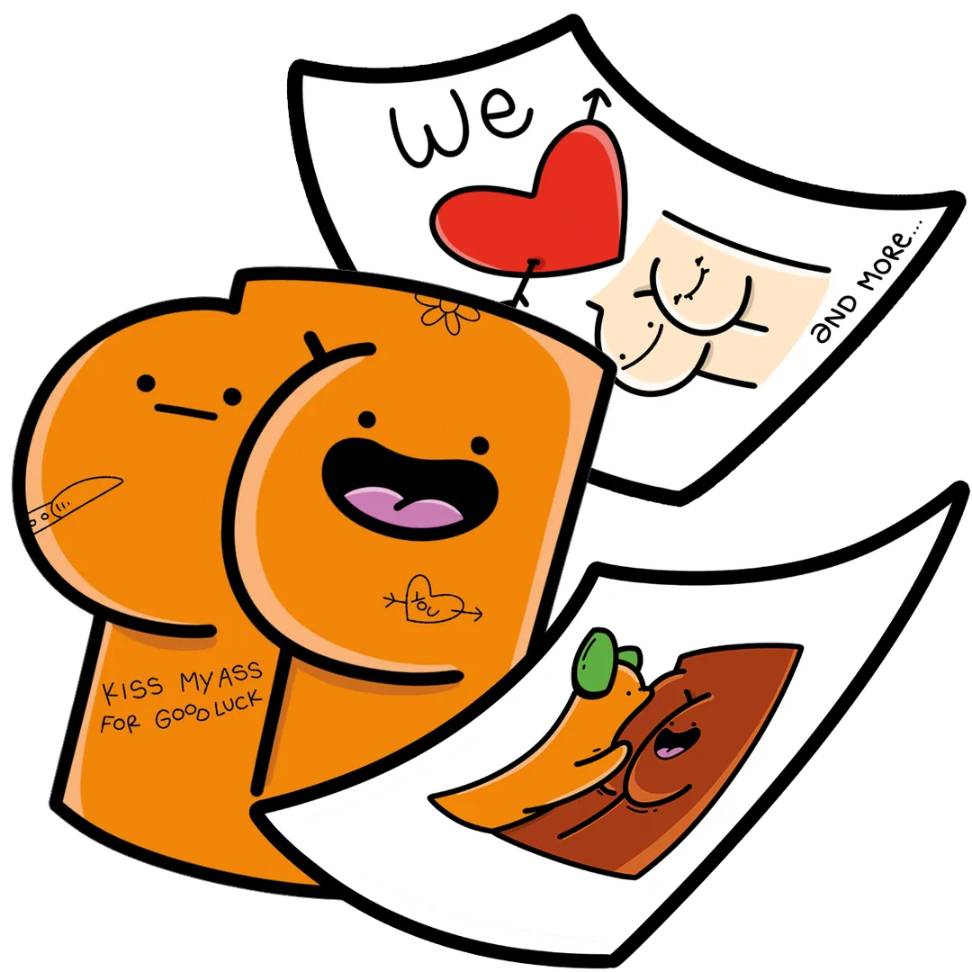 Oranje billenfiguur met de tekst "Kiss my ass for good luck" en NSFW-stickerkaarten van The Dirty Drop