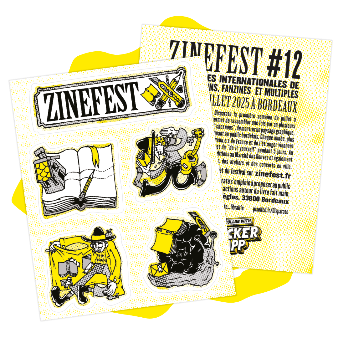 Stickervel van ZINEFEST Bordeaux met zine-illustraties naast de festivalflyer