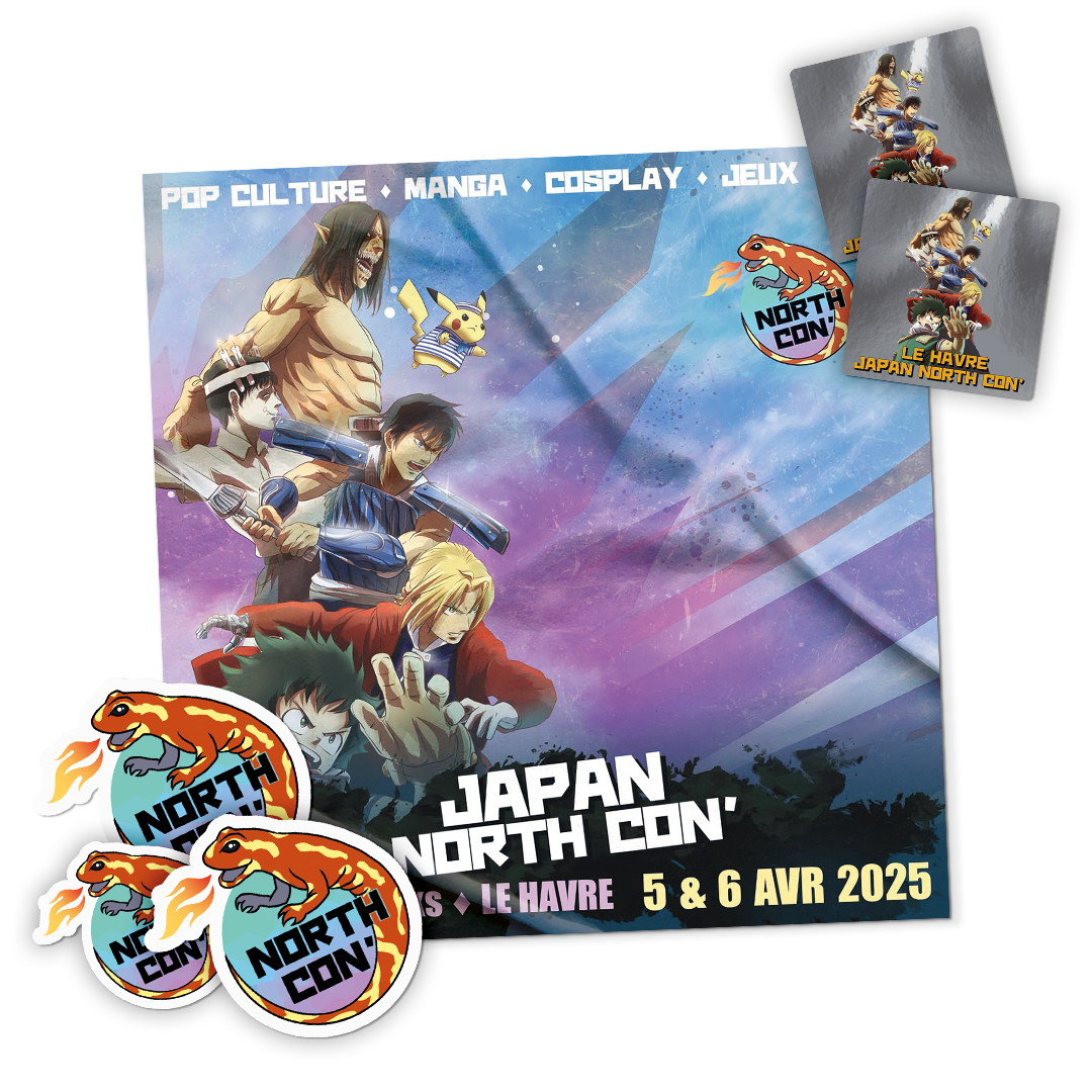 Animeposter van Japan North Con' 2025 in Le Havre met contourgesneden stickers met het salamanderlogo