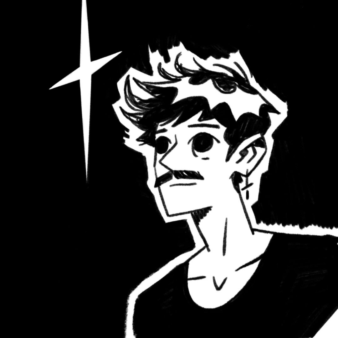 Black and white drawing of a Toto le voyou with spiky hair and a mustache, looking up at a shining star on a black background.