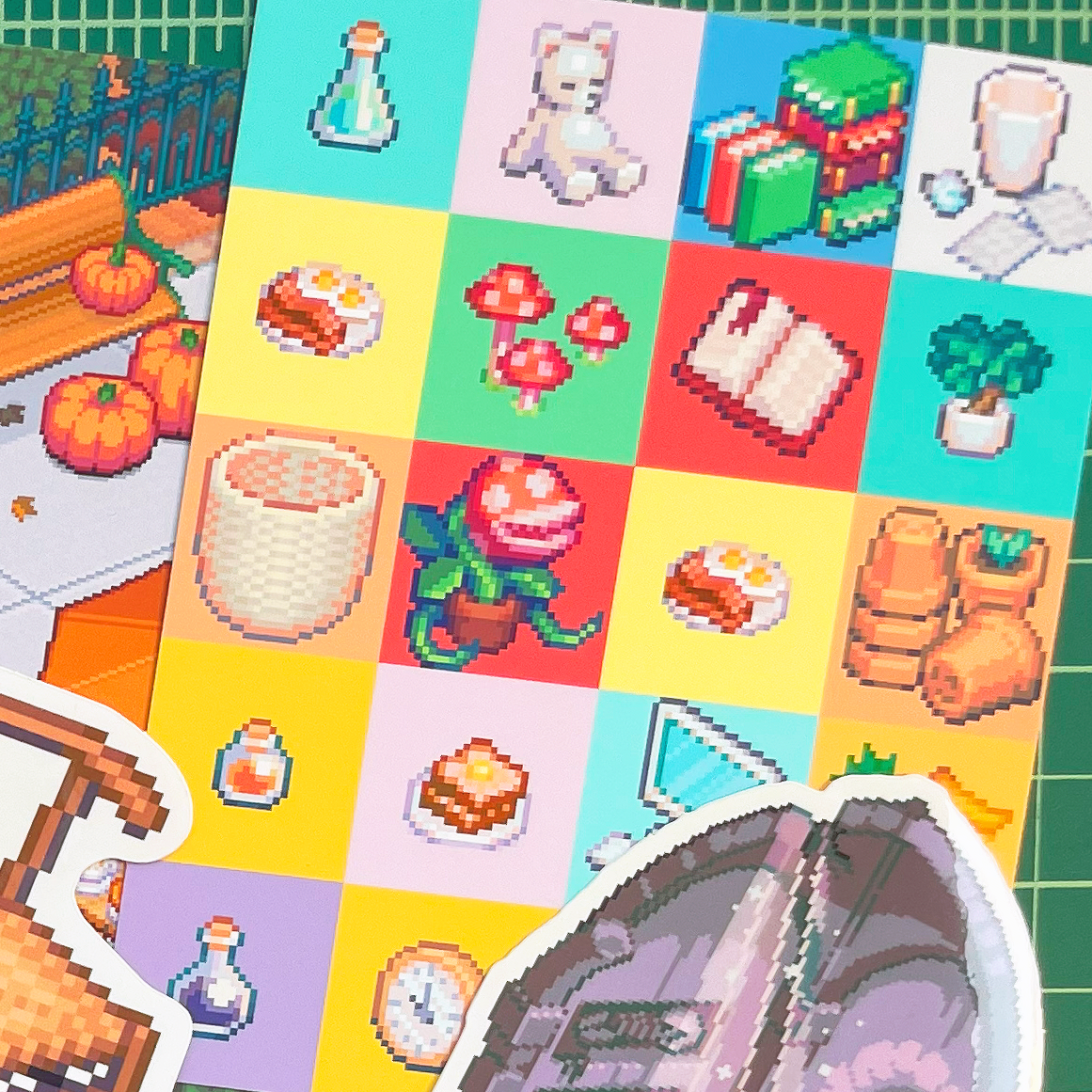 vinyl die cut pixel art sticker sheet laying on cutting board