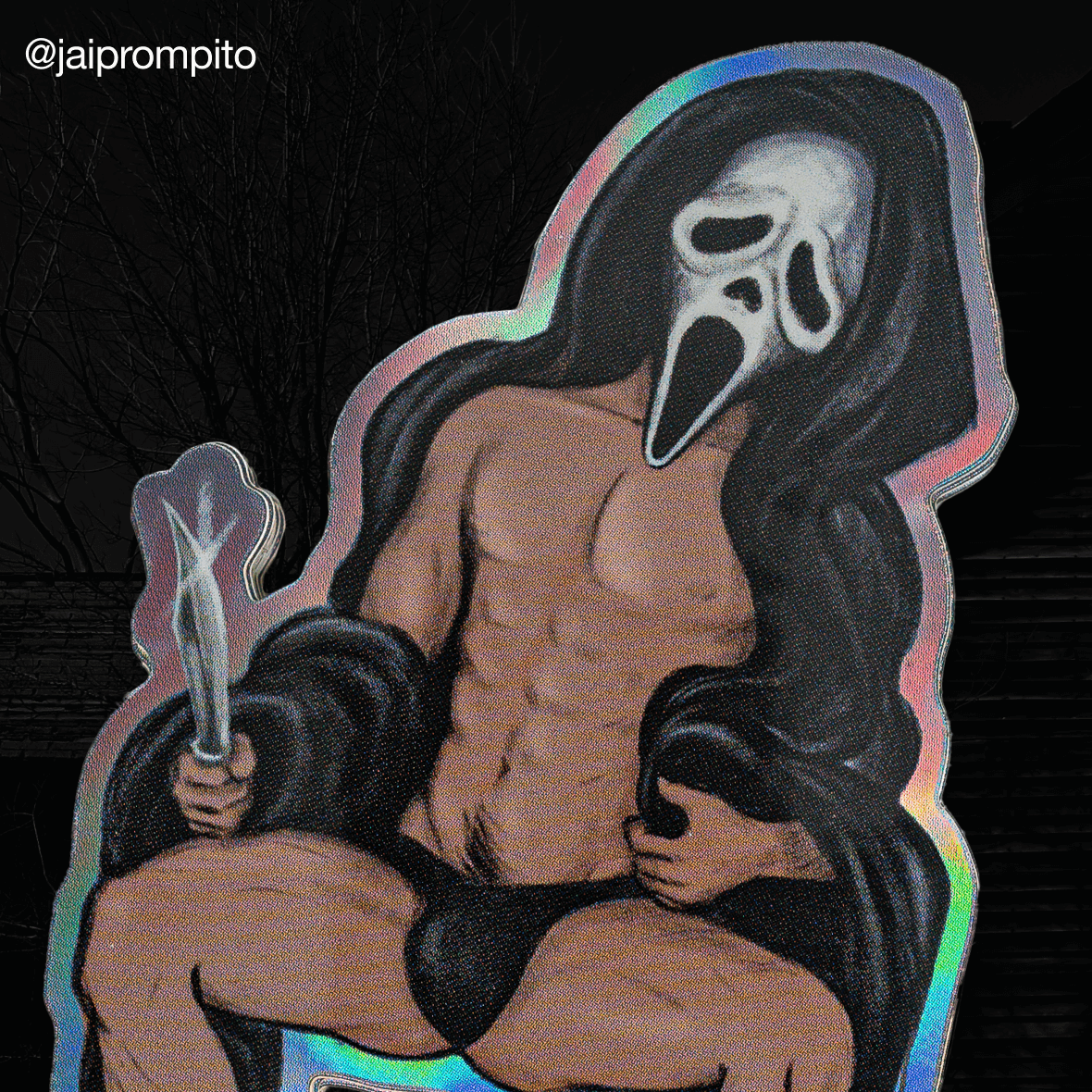 Close-up van een holografische contourgesneden sticker van een man met Ghostface-masker in zwarte slip met mes, van @jaiprompito
