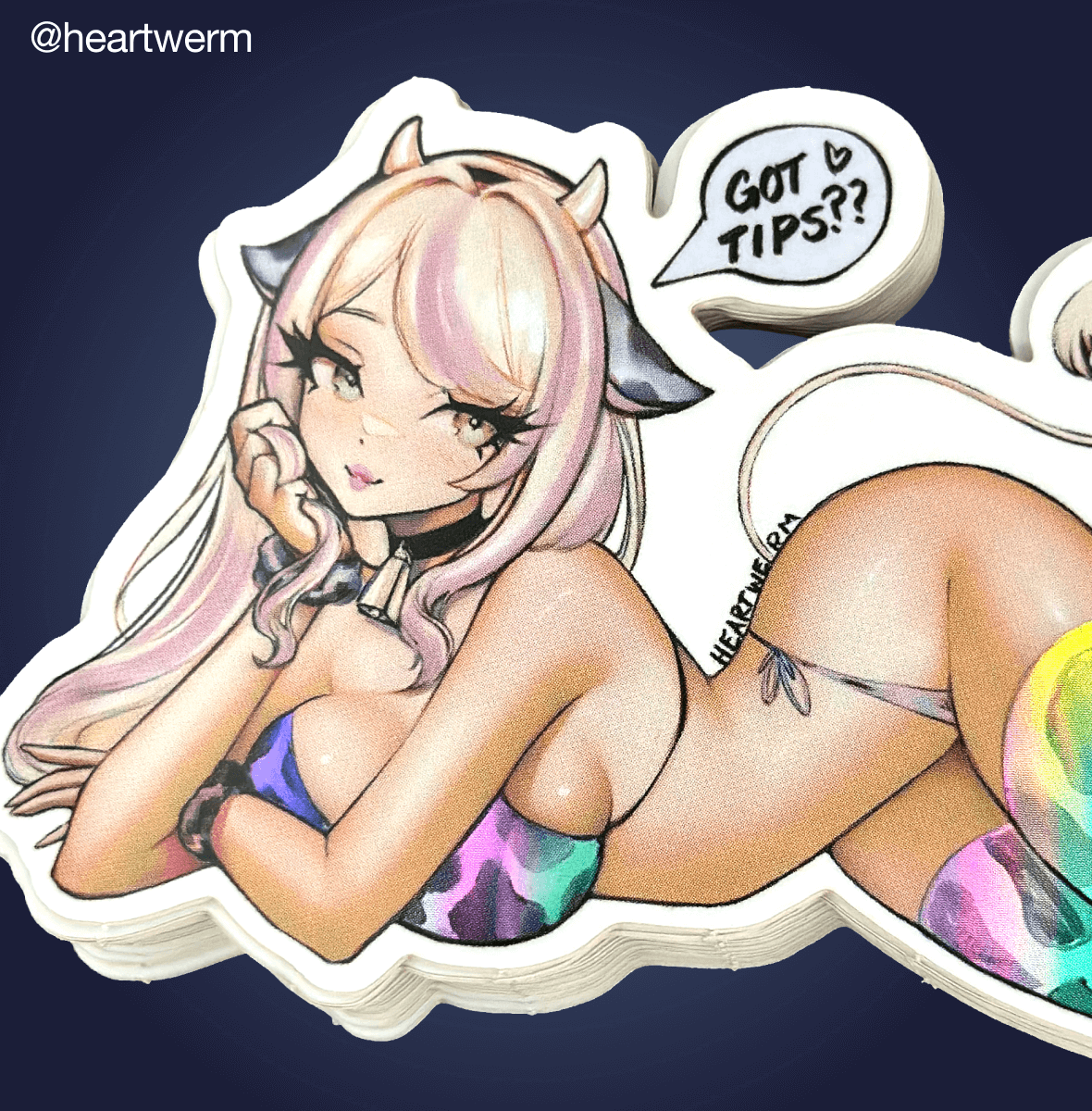 Stapel contourgesneden stickers van een koeienmeisje in bikini dat "Got tips??" zegt, NSFW-ontwerp van @heartwerm