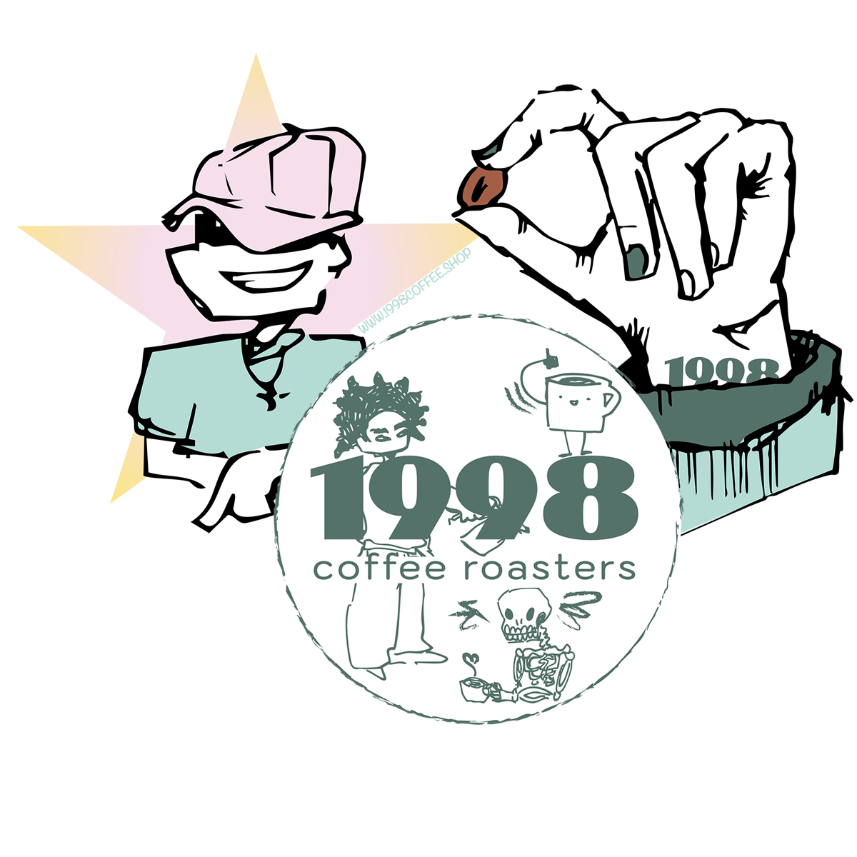 Illustrated logo with a person holding a coffee bean, wearing a cap. Text reads "1998 coffee roasters" with doodles of a cup and skeleton.