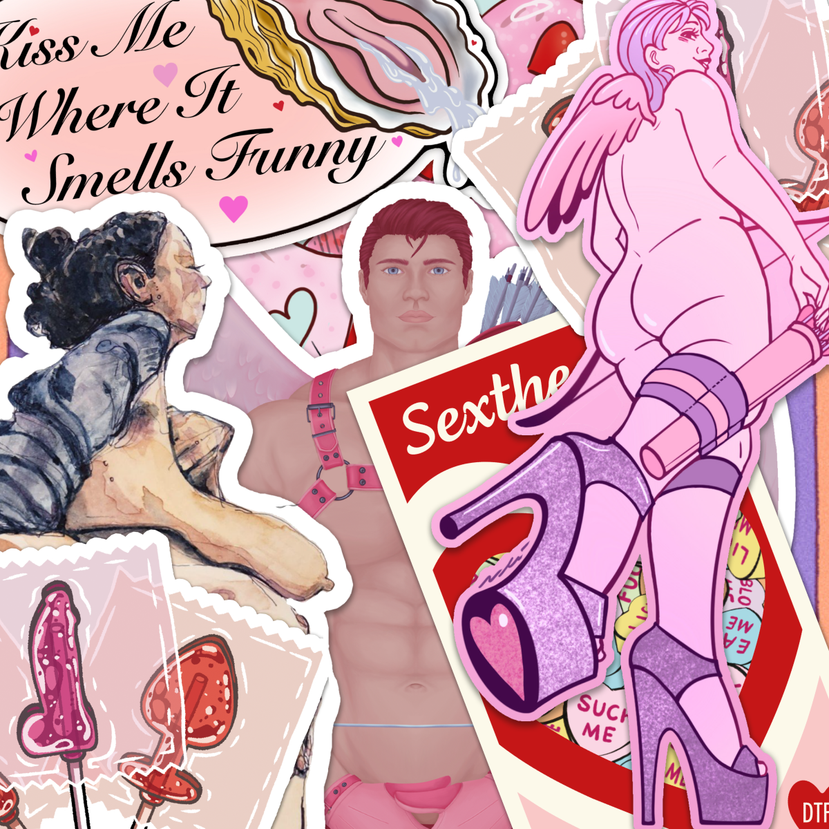 Collage van NSFW-valentijnsstickers met een roze naakte Cupido op glitterhakken, "Kiss me where it smells funny" en "Sexthearts"