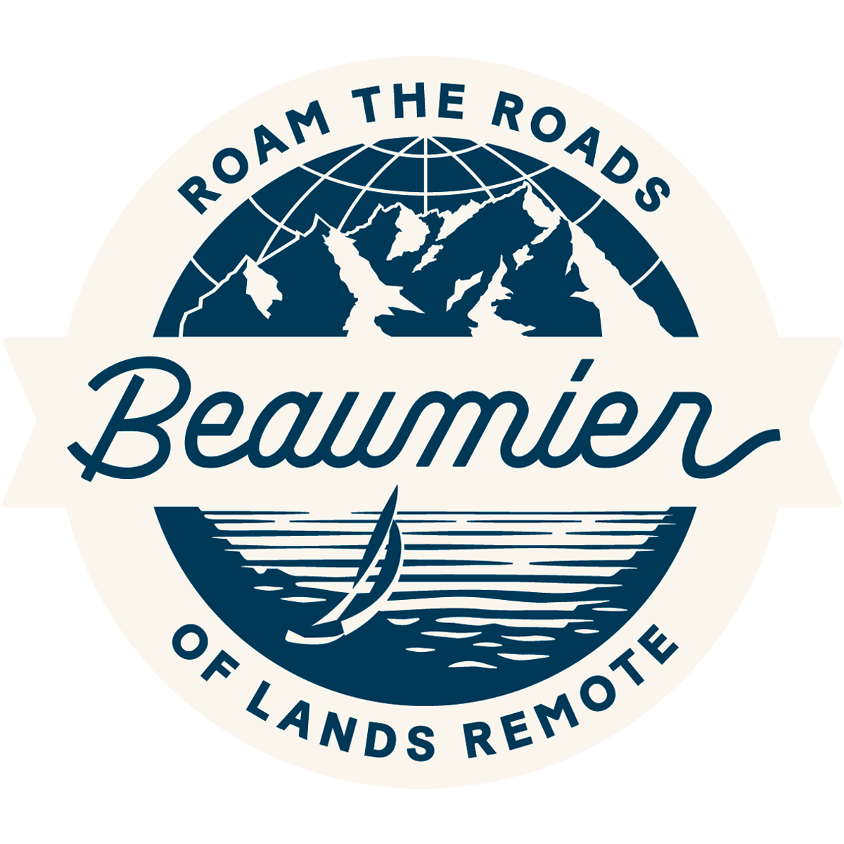 Logo with mountains, a globe, and a sailboat on water. Text reads "Roam the Roads of Lands Remote" and "Beaumier."