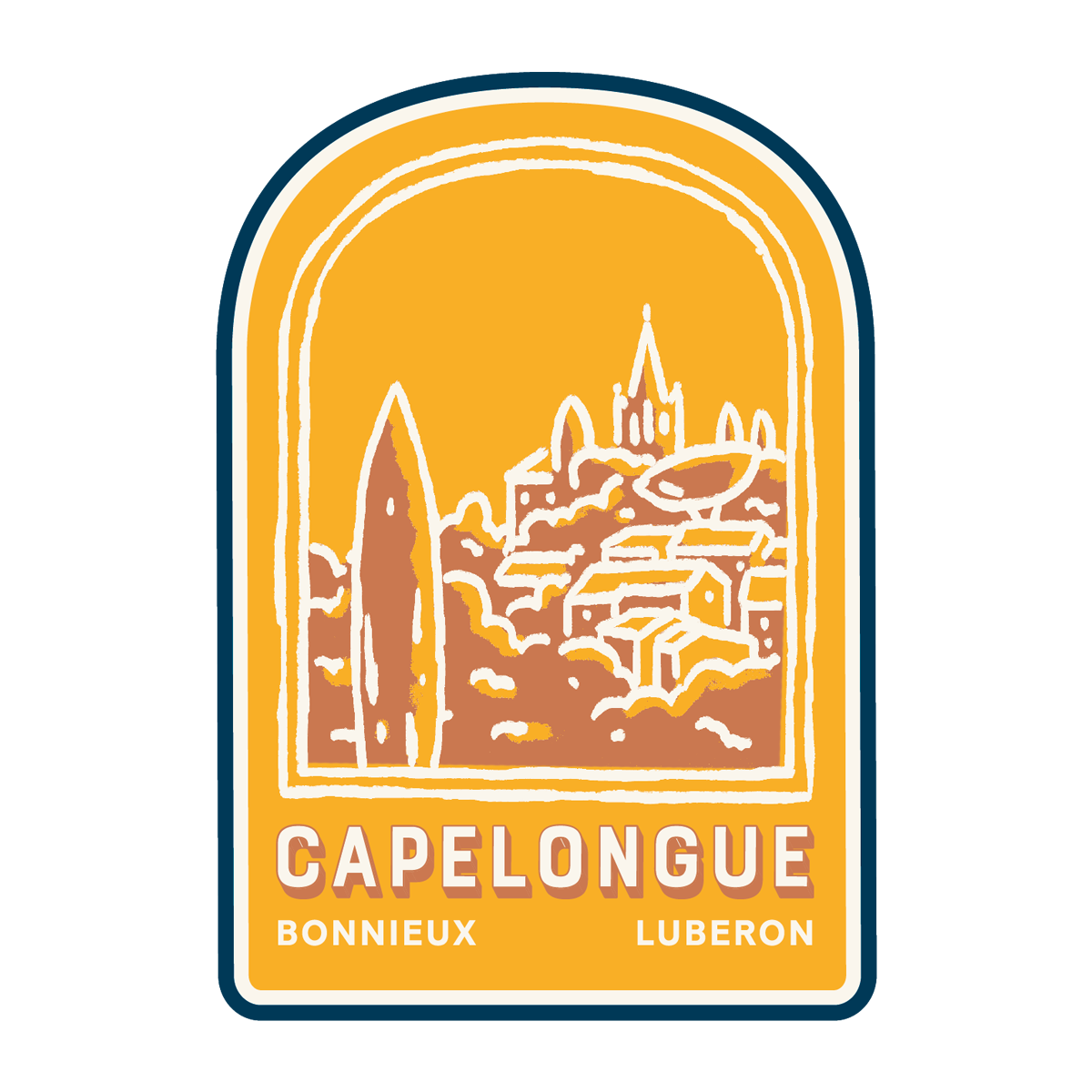 Illustration of a village with a church and trees in a yellow arch frame. Text reads "Capelongue, Bonnieux, Luberon."