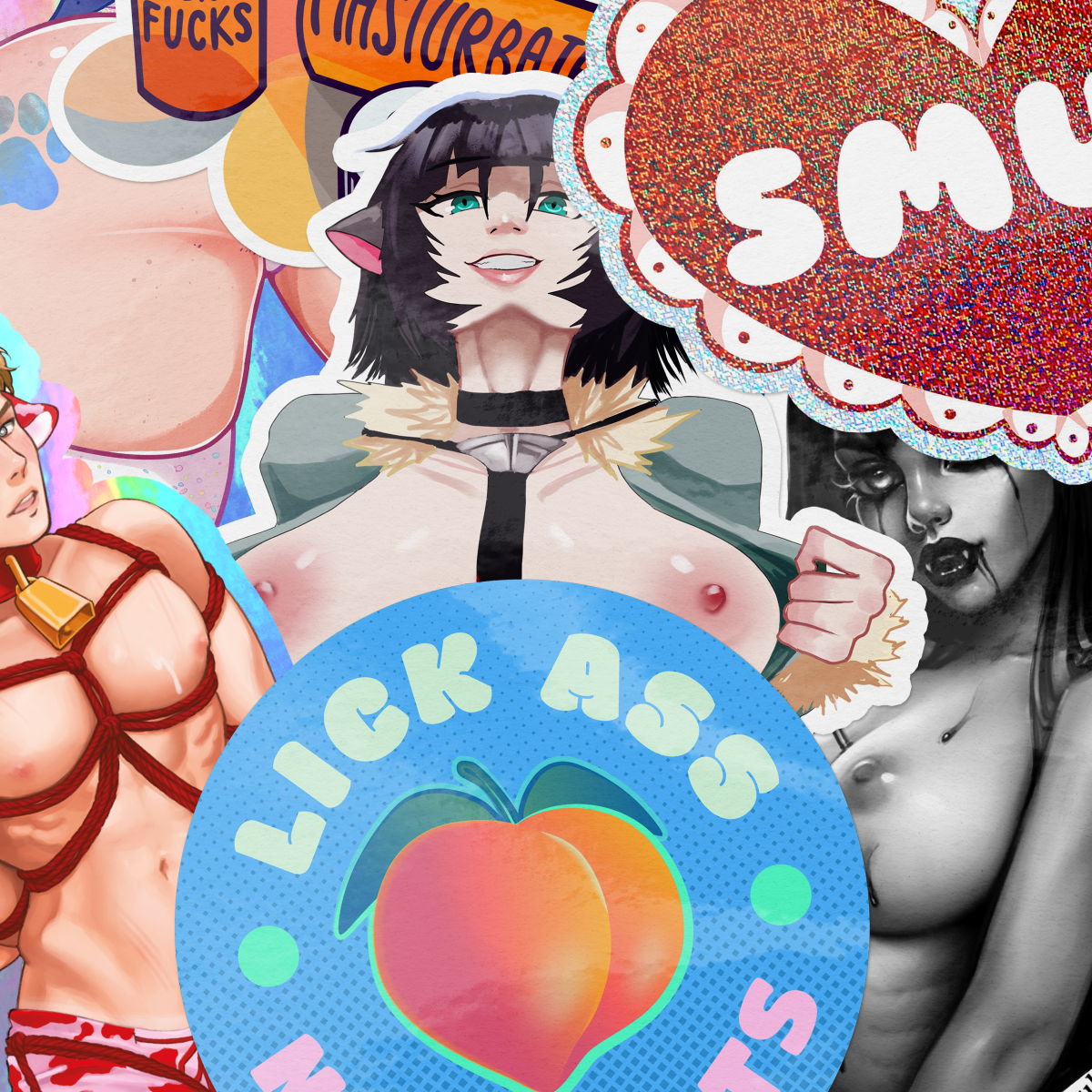 Collage van NSFW-stickerontwerpen uit de community in het overzicht van mei 2025, met onder meer de stickers "Lick ass not boots" en "Smut"