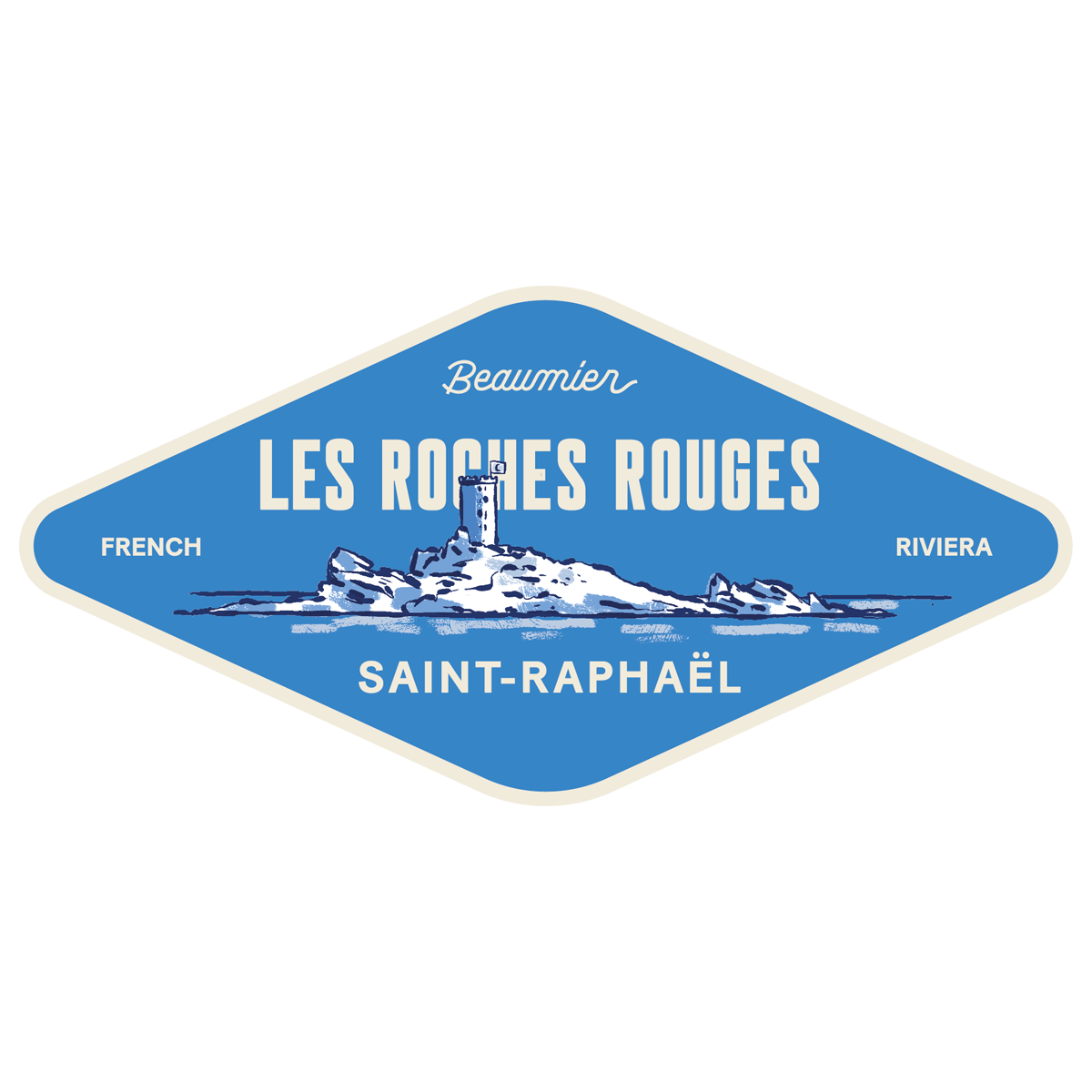 Blue and white vintage-style label for "Les Roches Rouges" in Saint-Raphaël, featuring a coastal scene with a lighthouse.