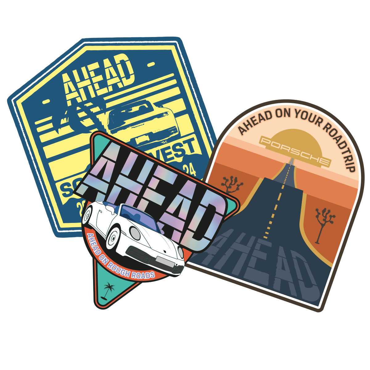 Matte mirror and glossy holographic stickers with the text AHEAD and Porsche sports cars.