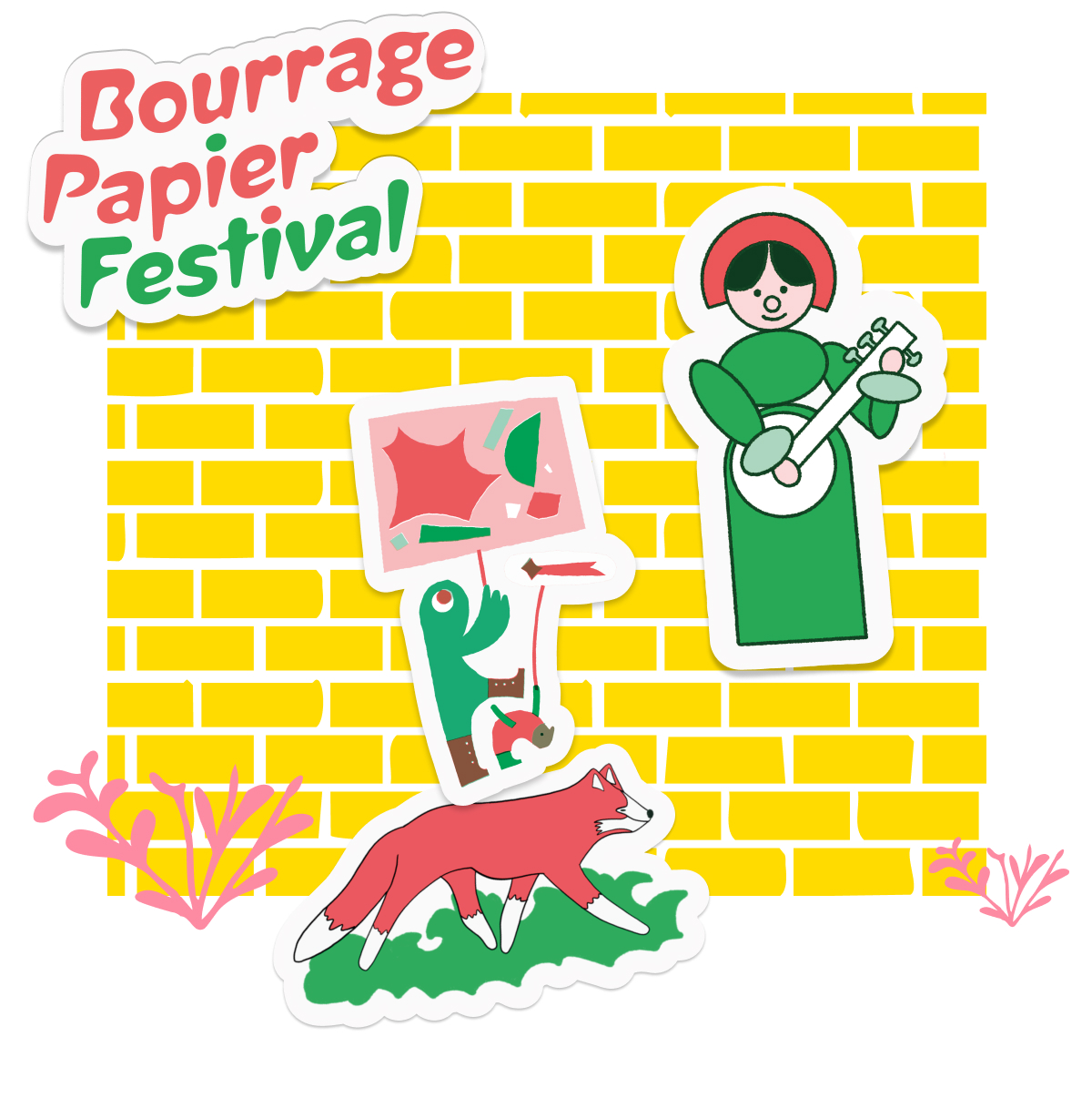 Stickers van Bourrage Papier Festival met een vos, een banjospeler en een figuur met bord op een gele bakstenen muur