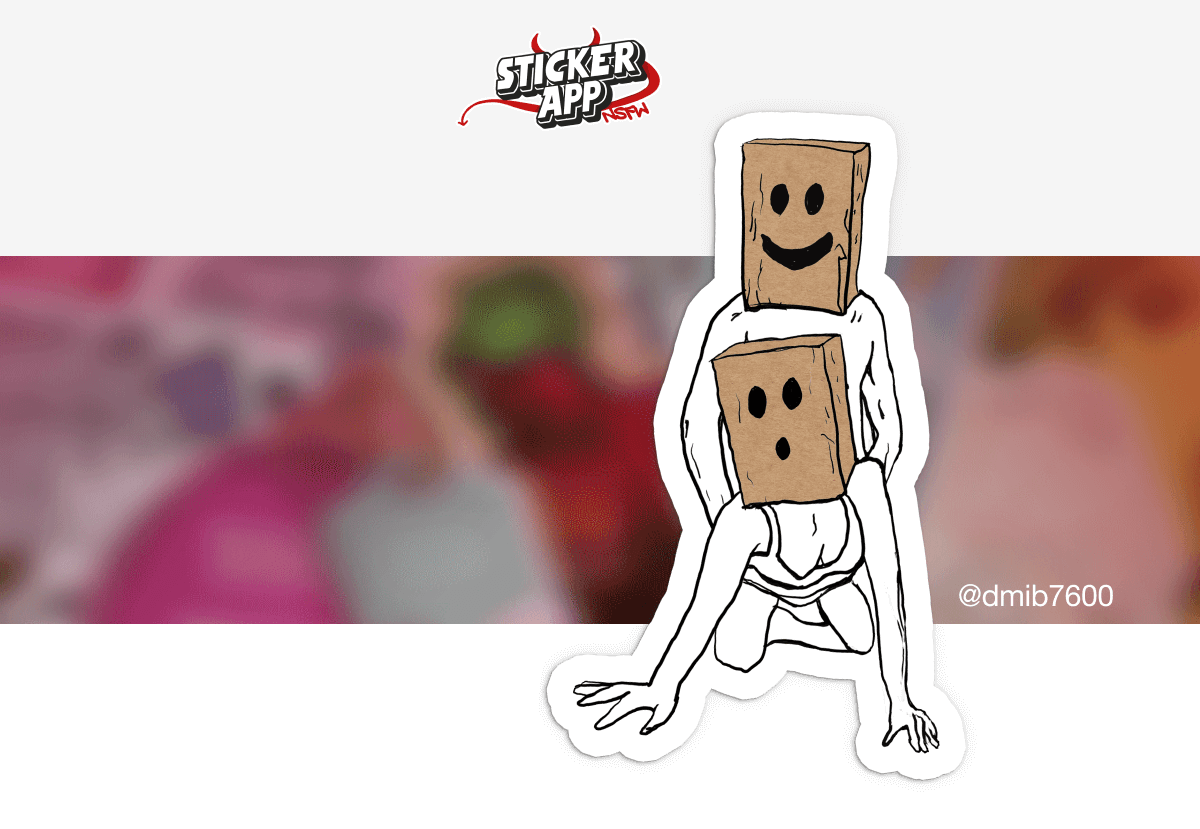 StickerApp NSFW-logo met de winnende sticker van @dmib7600: een stel dat seks heeft met smiley-papieren zakken over hun hoofd