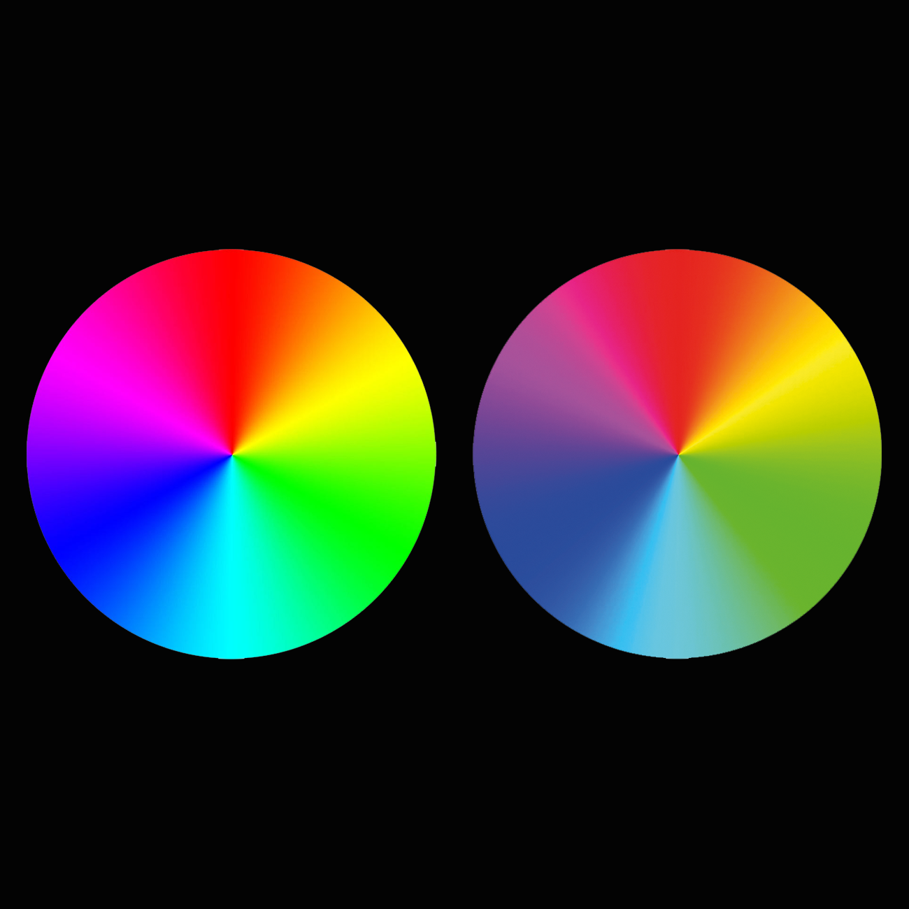Two circular RGB and CMYK color wheels side by side, each displaying a gradient spectrum of colors from red to blue to green, with varying brightness.