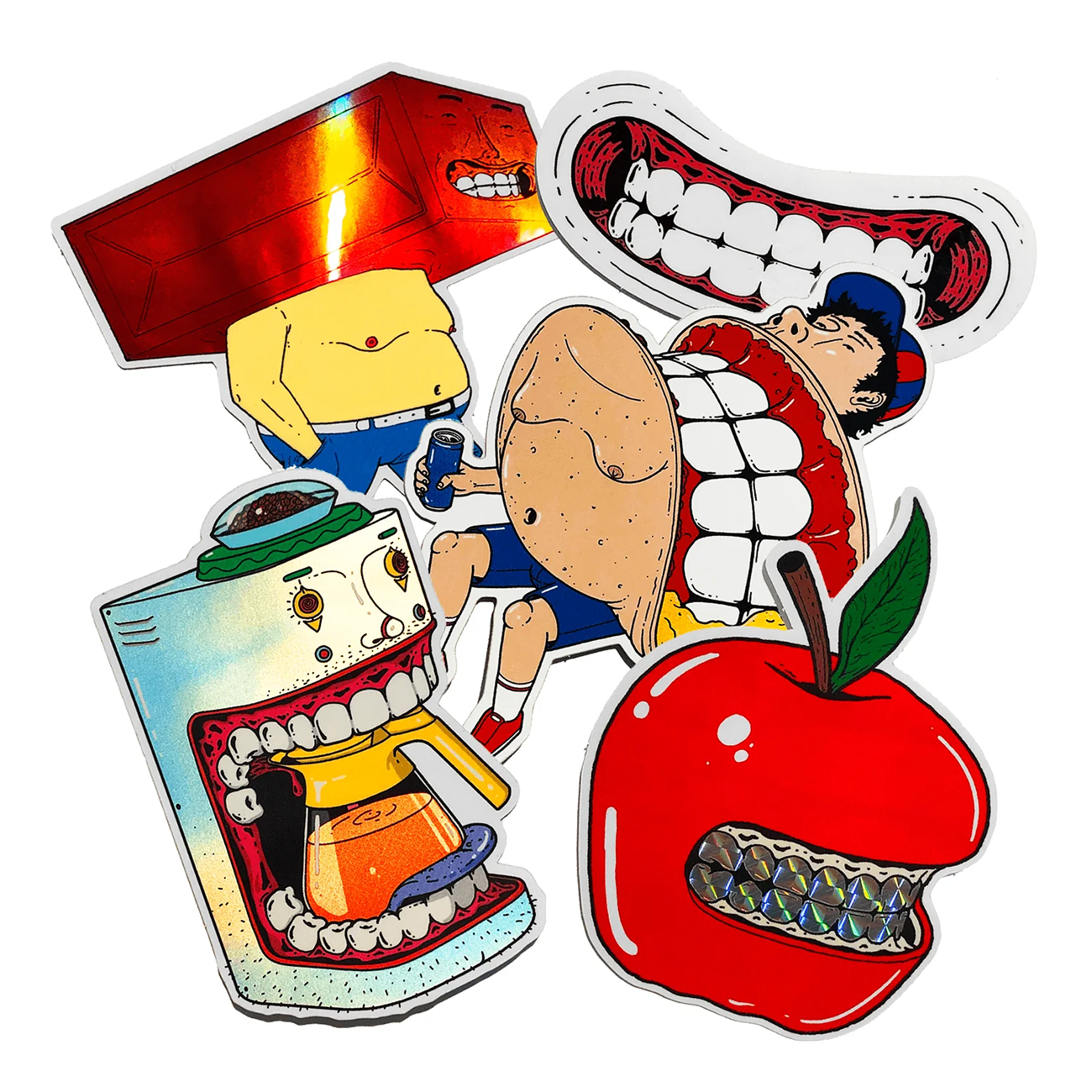 Colorful, cartoon-style die cut stickers featuring exaggerated mouths, printed on holographic, prismatic and vinyl.