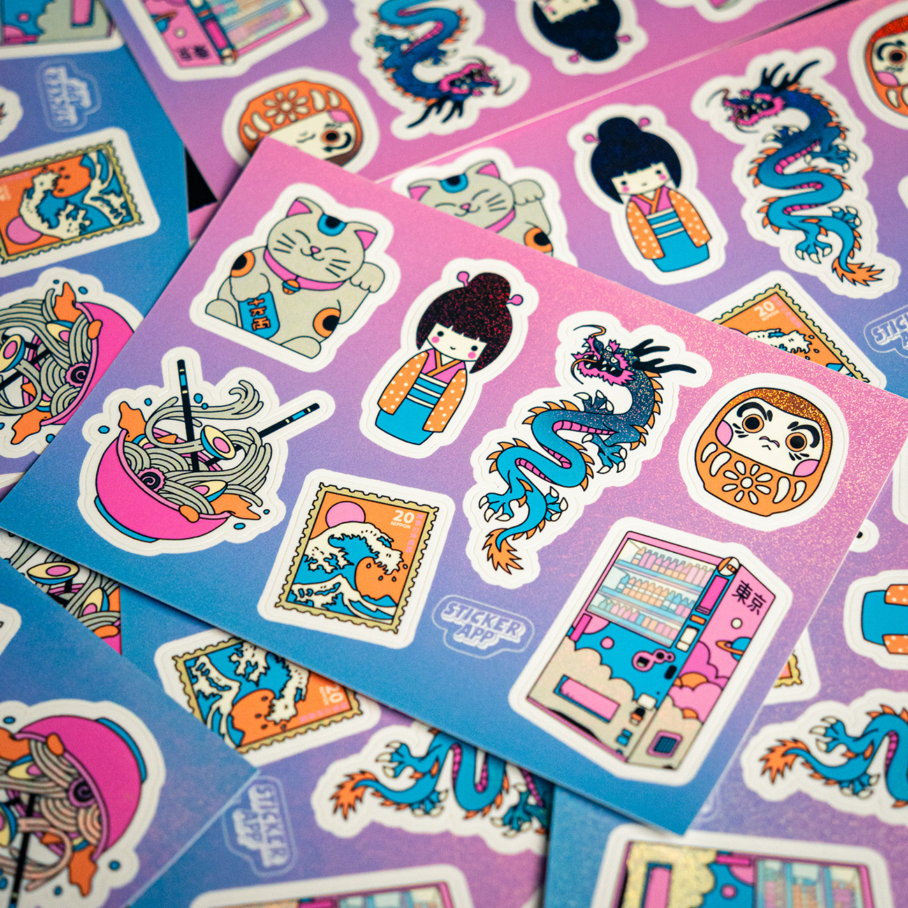 Colorful sticker sheet featuring dragons, ramen, a lucky cat, a vending machine, and stylized characters on a gradient background.