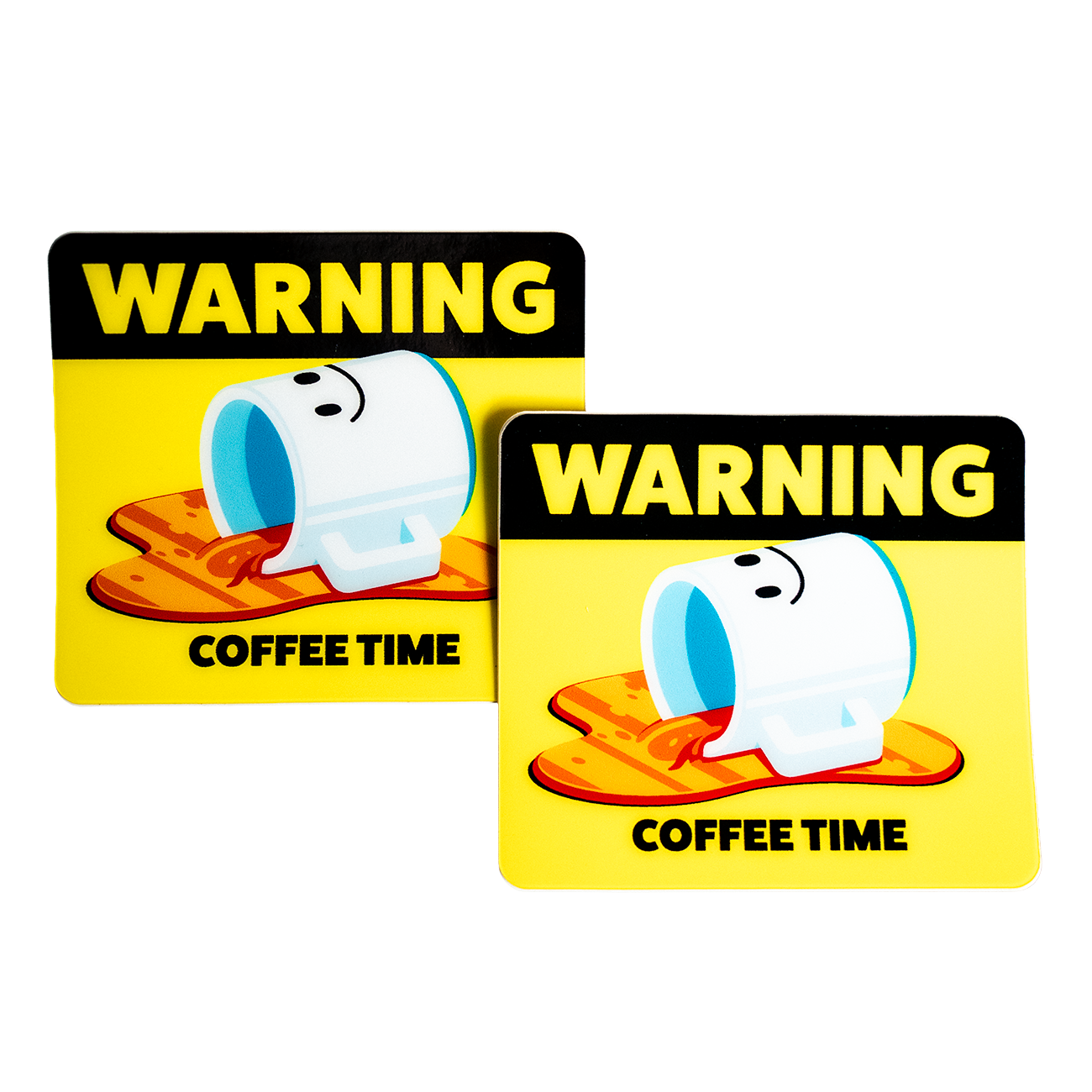 Die-cut Heavy Duty sticker with coffee spilling and the text "WARNING, COFFEE TIME" on a yellow background