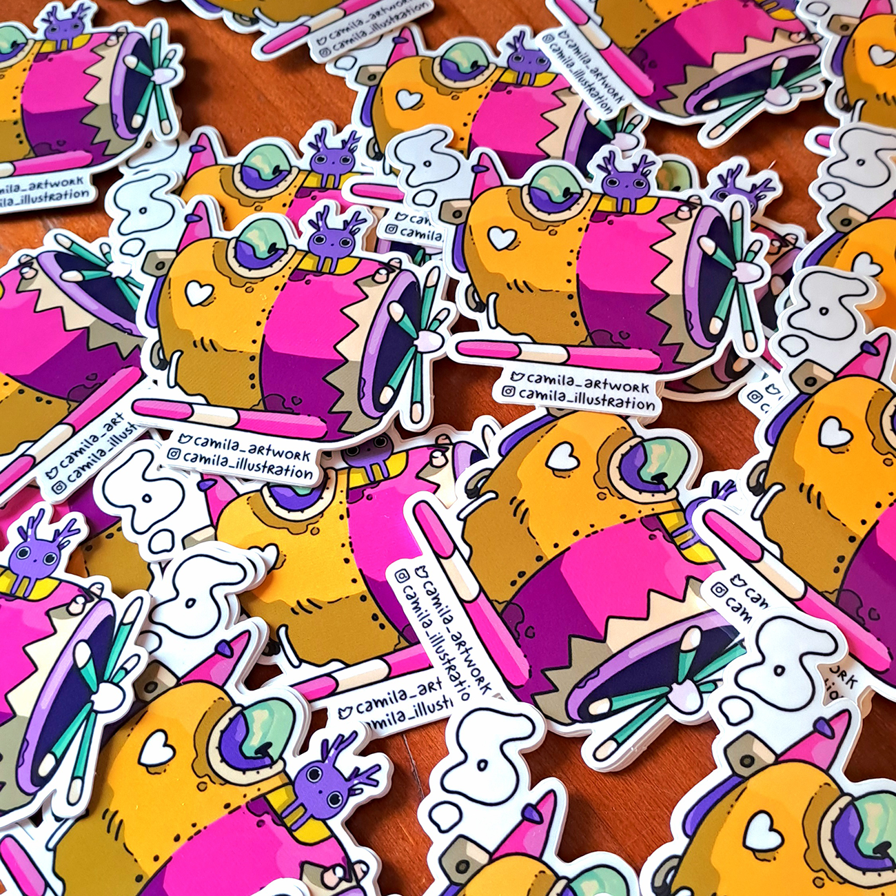 collection of colorful die cut vinyl sticker showing a whimsical airplane with creatures.