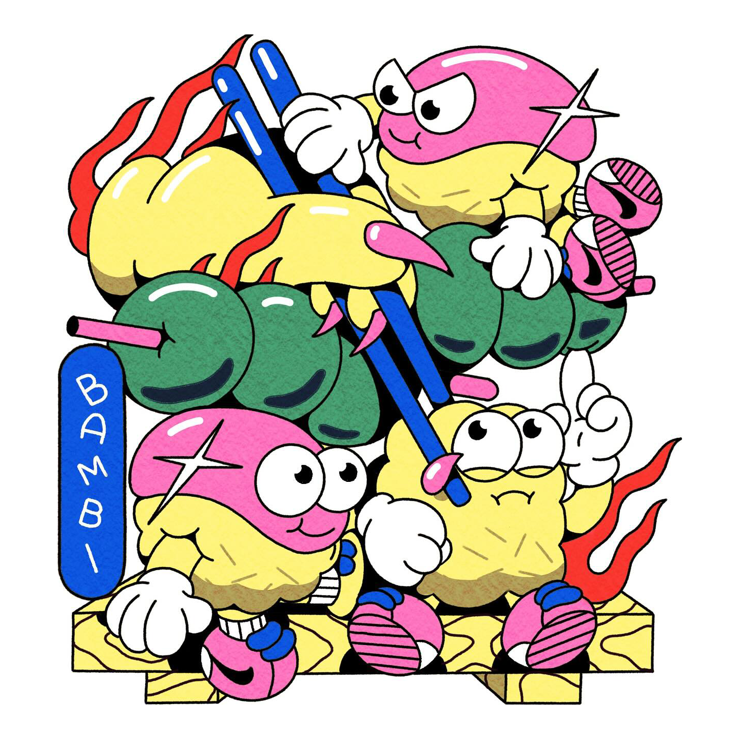 Cartoon-style food characters resembling dango and sushi, in vibrant colors.