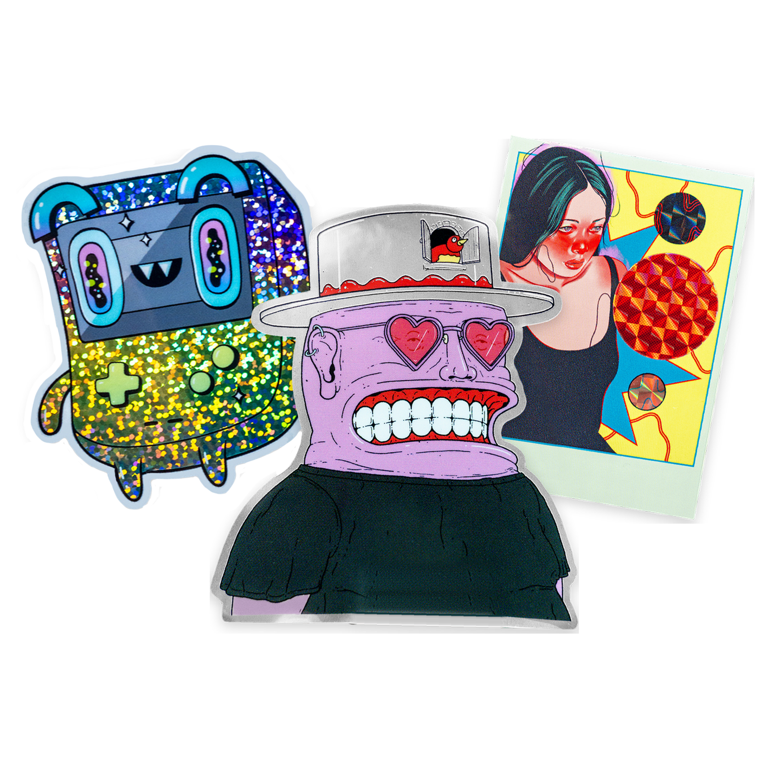 Gepersonaliseerde stickers in glitter, spiegel en prismatisch: een spelcomputerfiguur, een grijnzende man met hartvormige zonnebril en een portret van een vrouw met blauwgroen haar