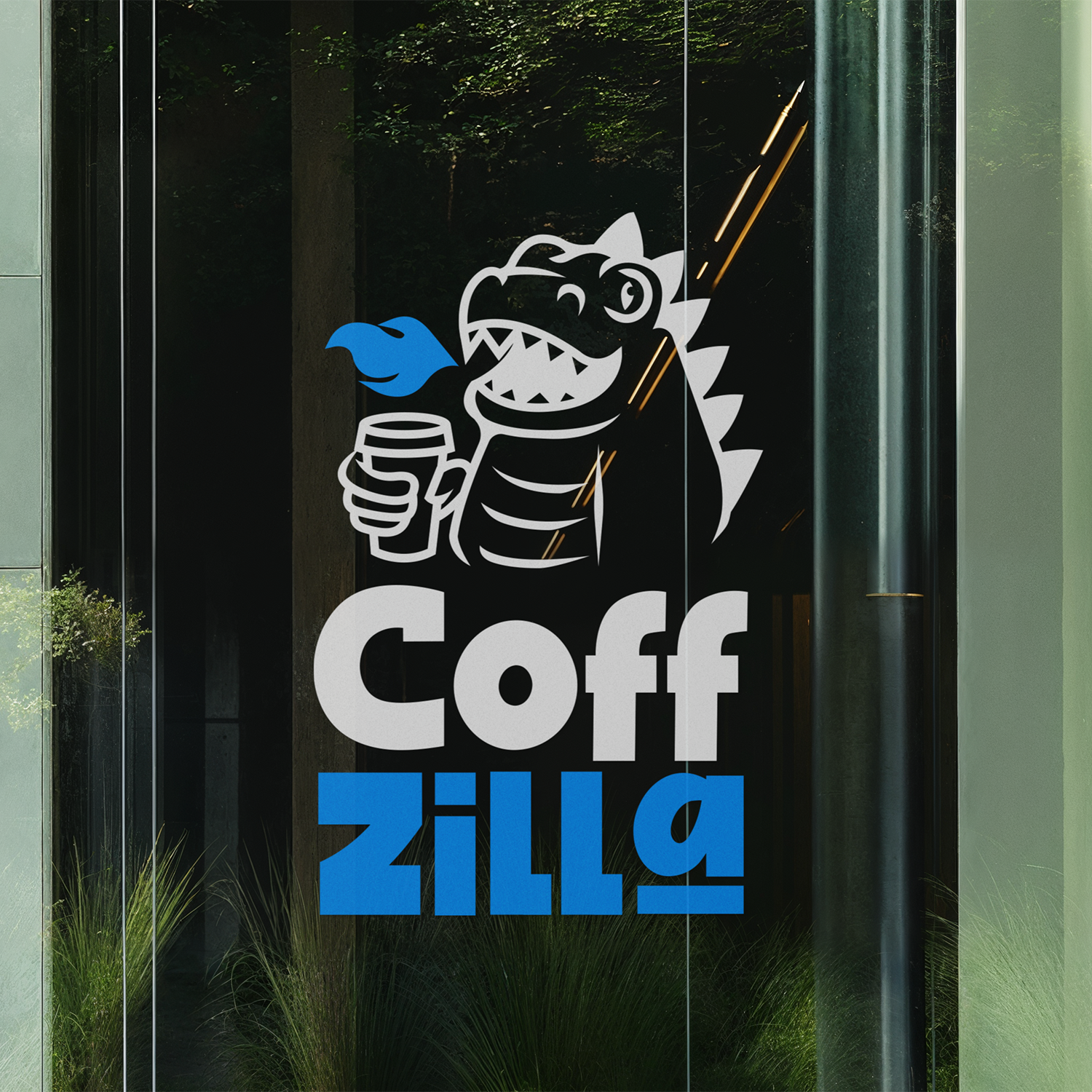 Vinyl transfer van "CoffZilla" met een cartoon draak die een koffiekop vasthoudt, met gestileerde blauwe en witte tekst op een glazen oppervlak.