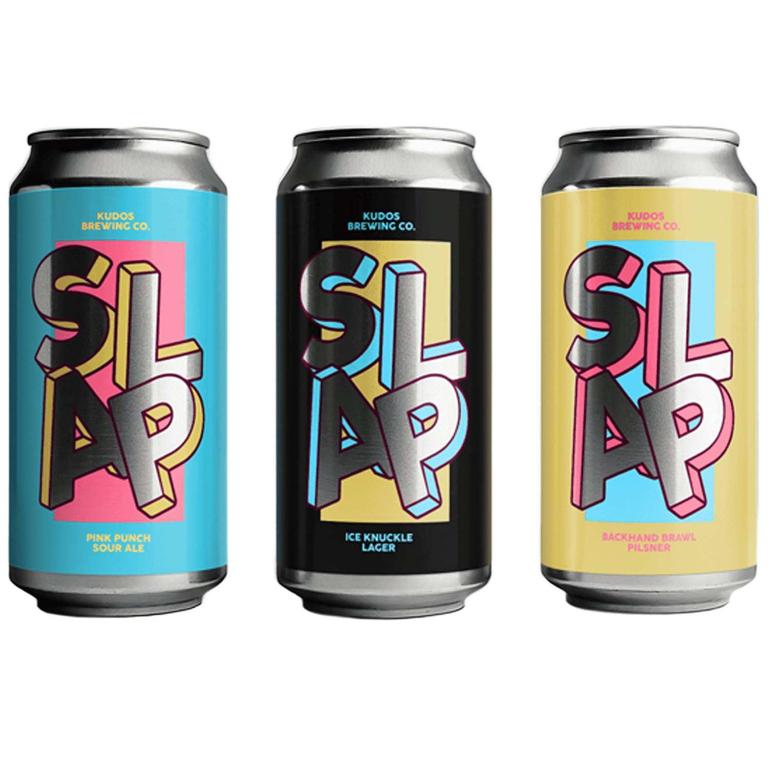 Drie bierblikjes met eigen etiketten voor de SLAP-bieren van Kudos Brewing Co., met opvallende letters in metallic zilver
