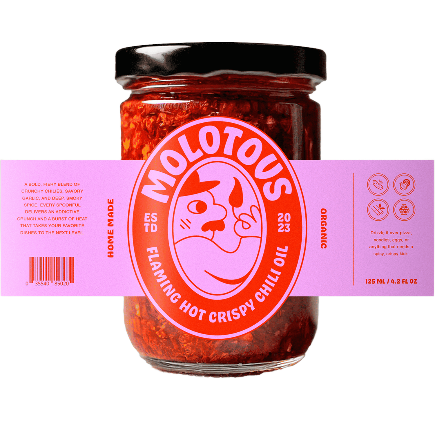 Glazen pot Molotous Flaming Hot Crispy Chili Oil met een roze en rood eigen etiket rondom