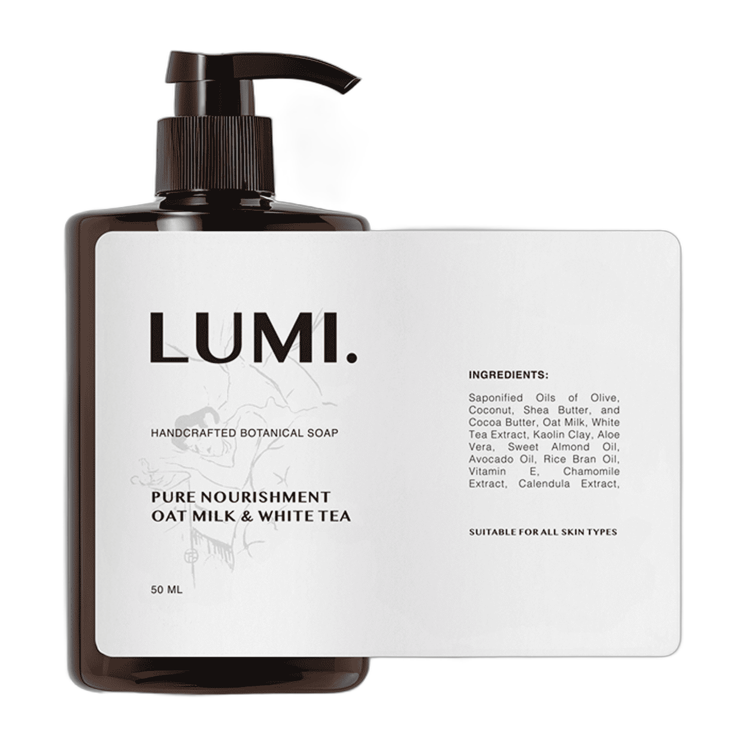 Bruine pompfles met handgemaakte botanische LUMI-zeep en een wit eigen etiket, naast het volledige platte etiket met ingrediënten