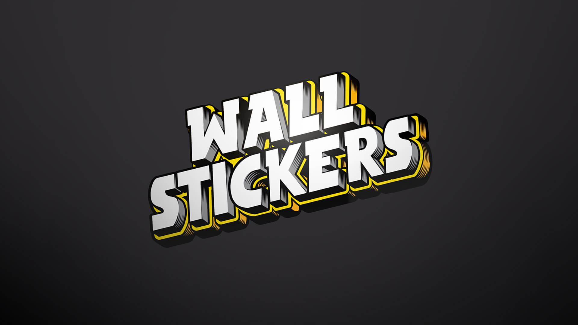 Wit en geel "Wall Stickers"-belettering op een donkere achtergrond