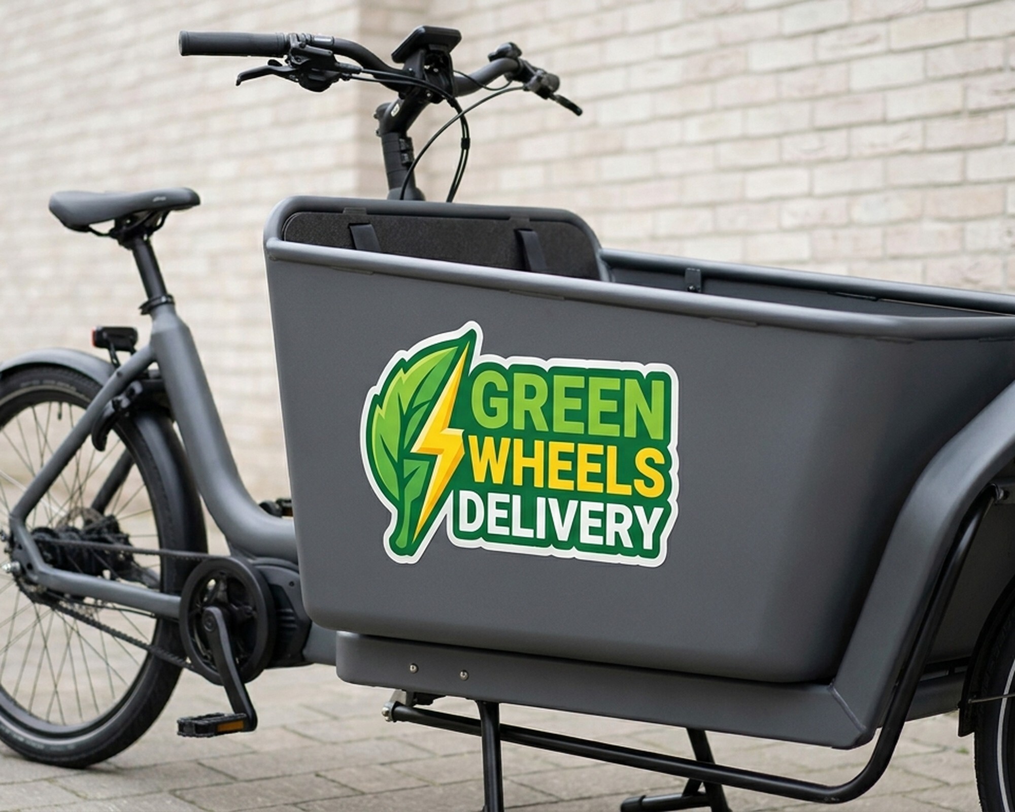 Contourgesneden eigen decal met een logo van een blad en bliksem en de tekst "Green Wheels Delivery" op de bak van een bakfiets