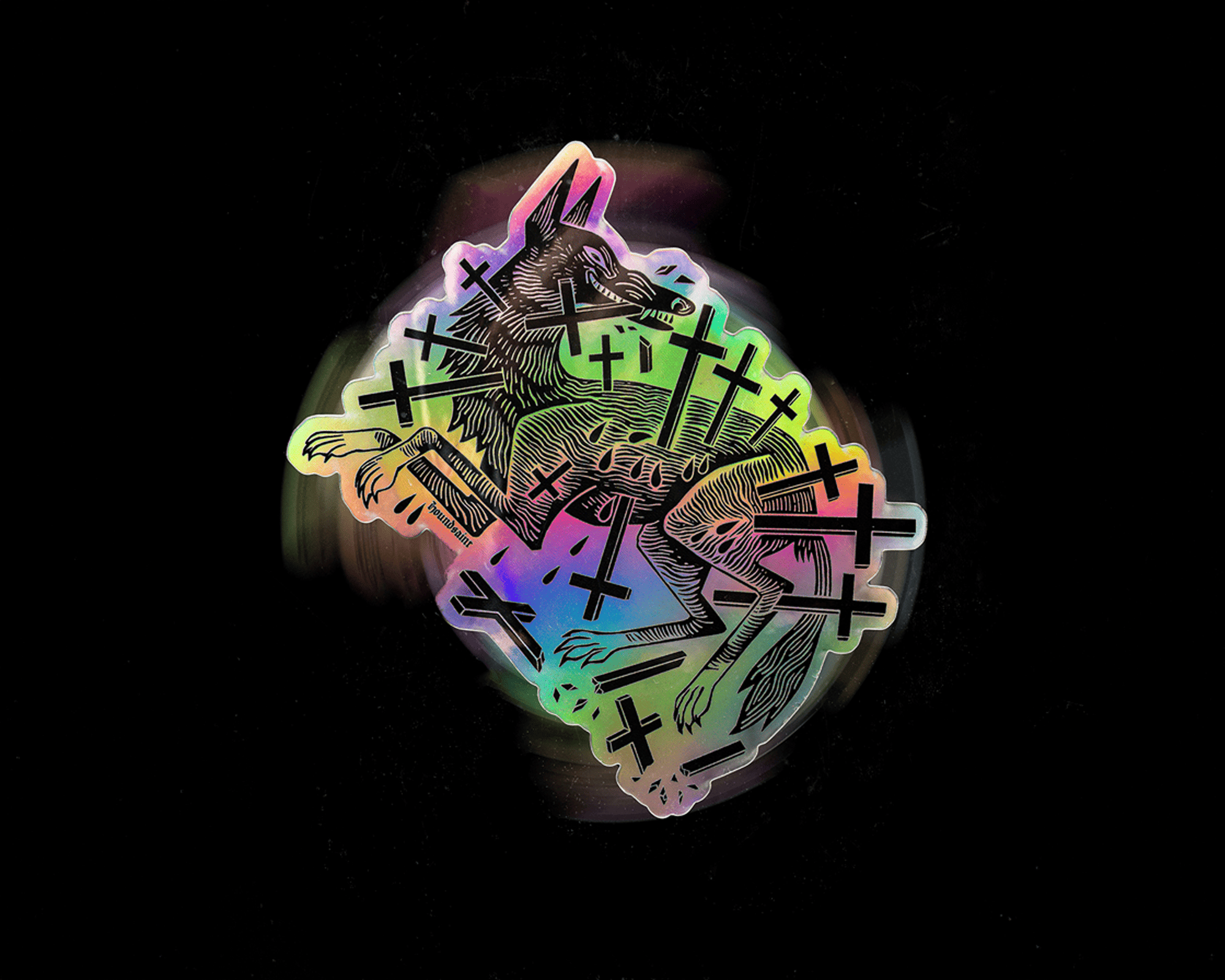 A stylized, multicolored holographic sticker of a dog surrounded by black crosses on a dark background.