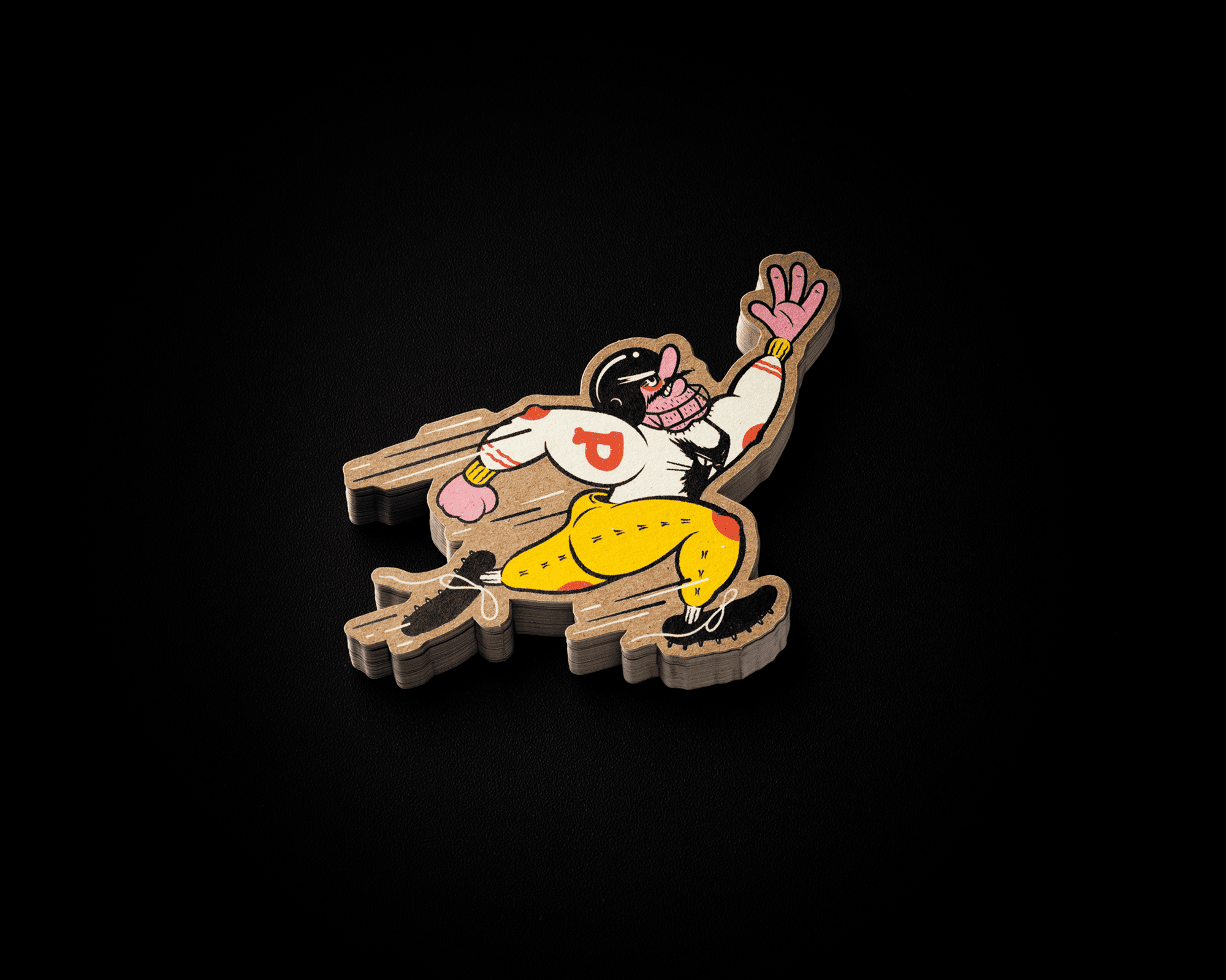 Kraft stickers of cartoon football player with a pink face, wearing a "P" helmet and yellow pants, in a dynamic pose on a black background.