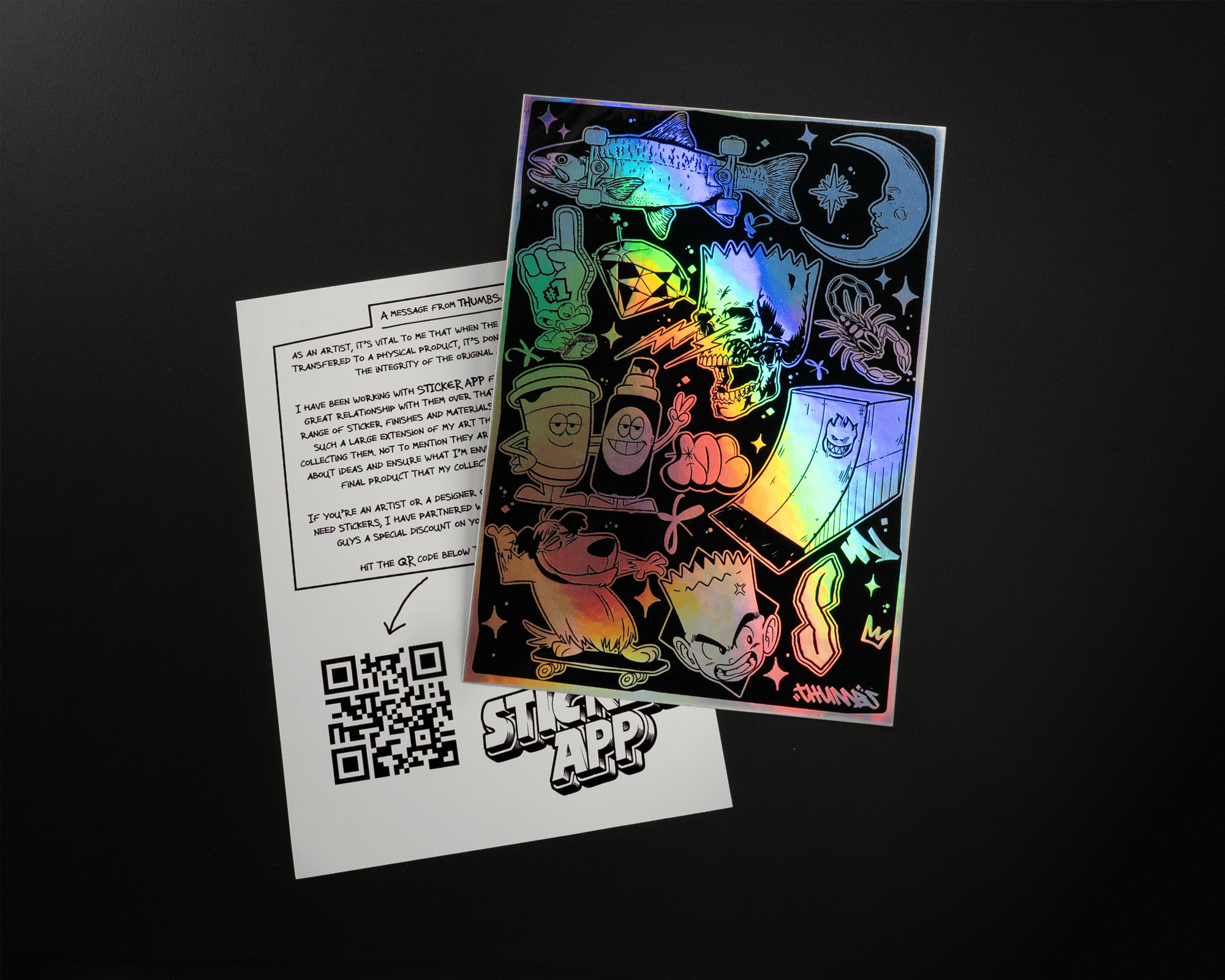 Holographic sticker sheet with colorful cartoon characters and symbols, alongside a card with text, QR code, and "Sticker App" logo.