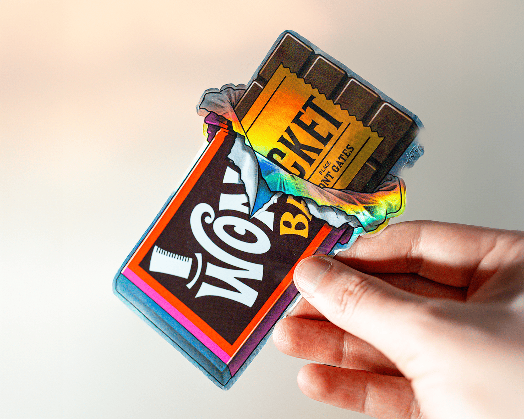 Hand holding a holographic sticker featuring a Wonka Bar design with a golden ticket partially visible underneath.