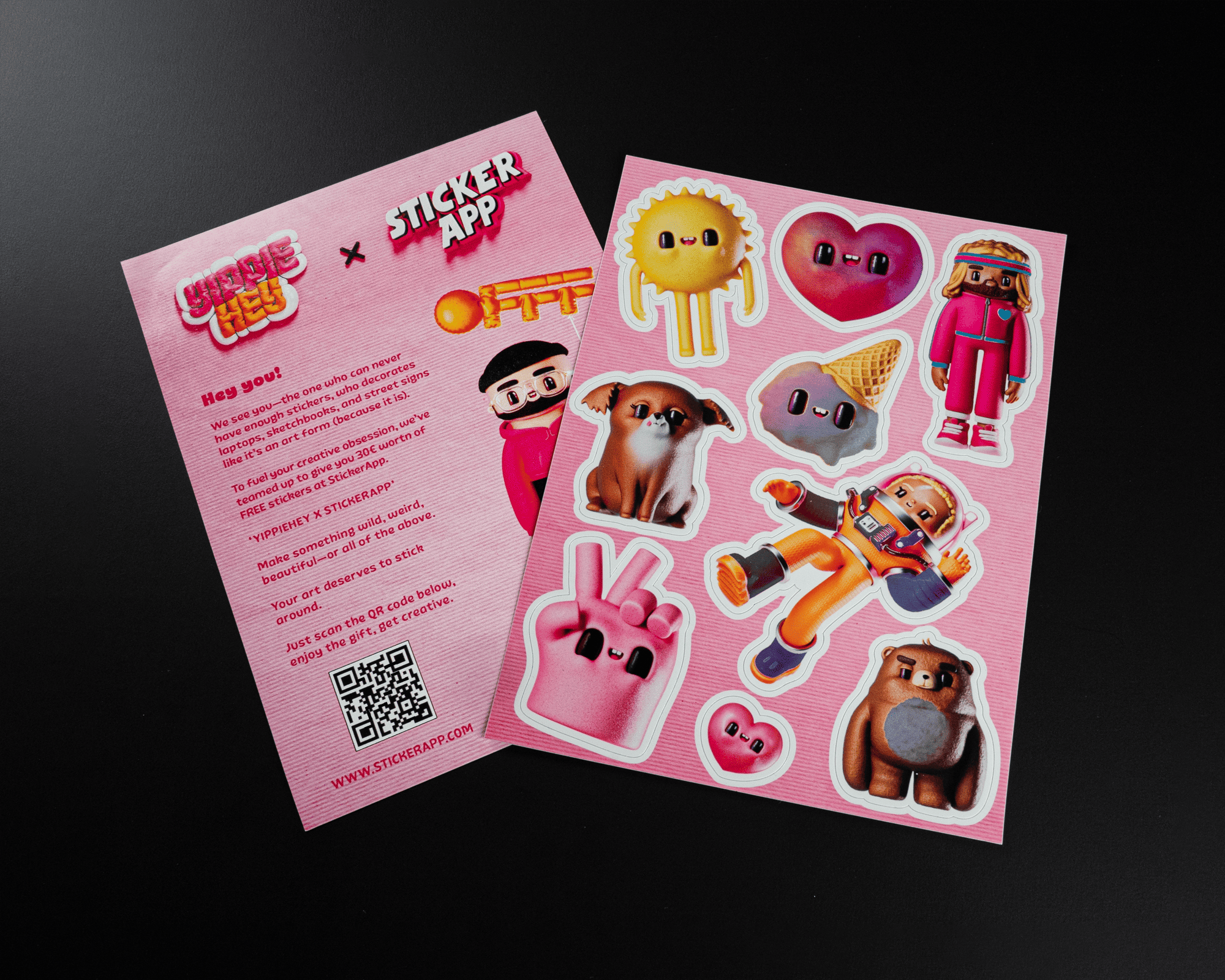Frontside and backside sticker sheet featuring cartoon characters, animals, and hearts on a dark background.