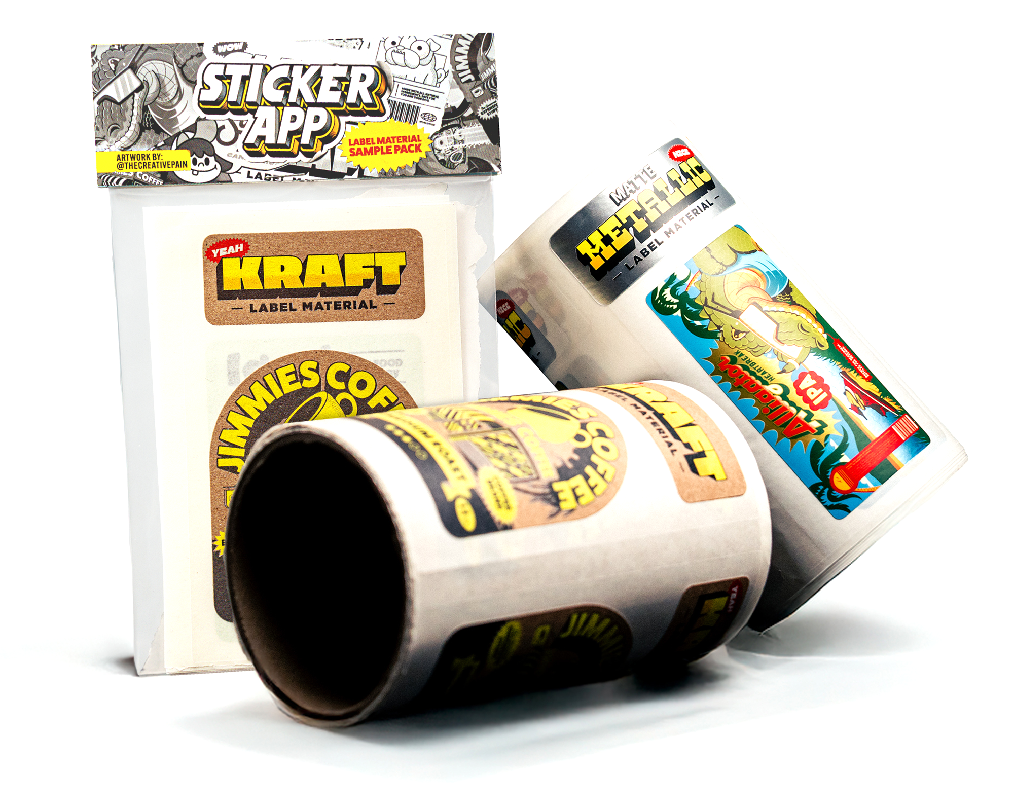 Two rolls of custom stickers with colorful designs are displayed alongside a StickerApp label material sample pack.