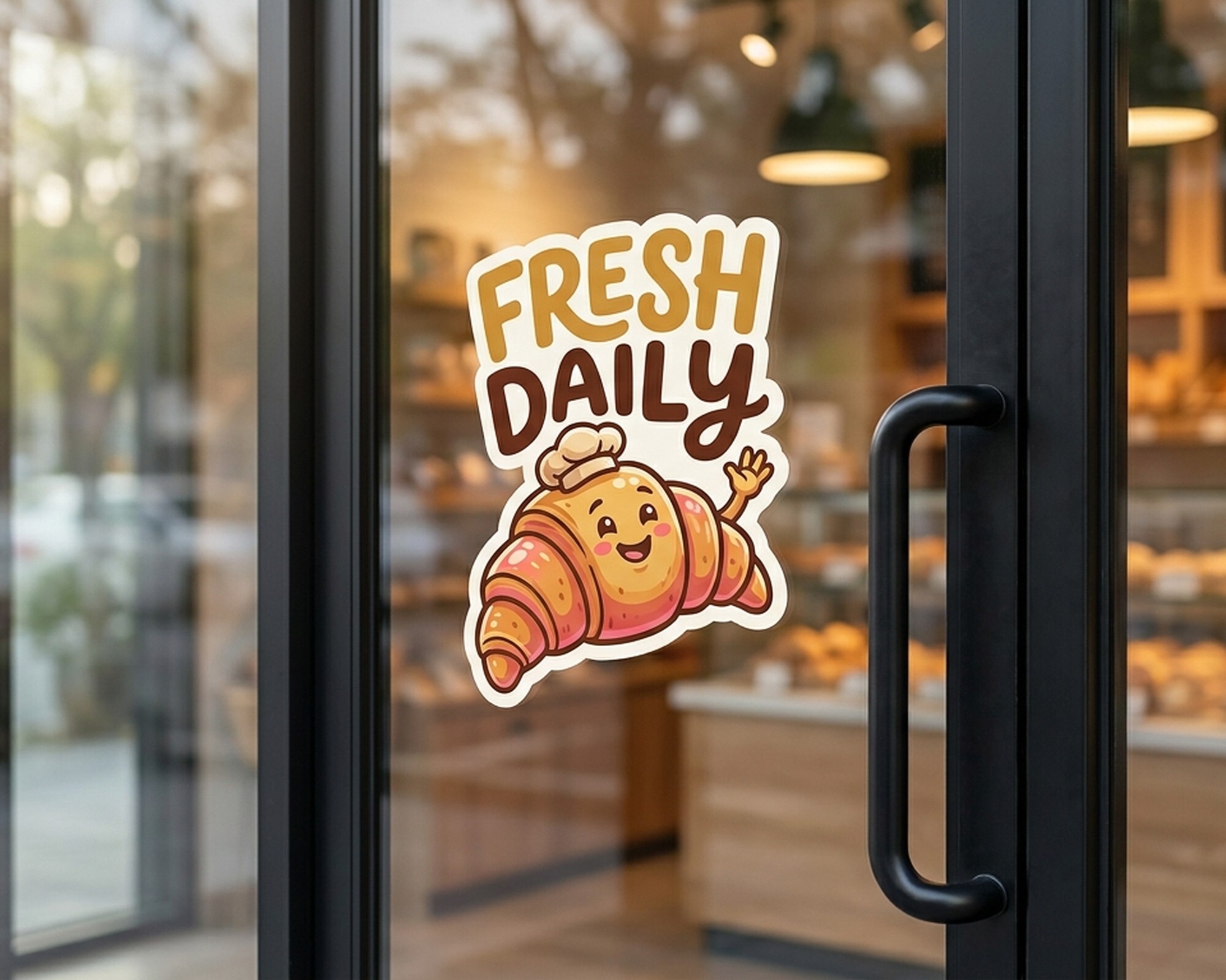Contourgesneden eigen decal met een lachende croissant en de tekst "Fresh Daily" op de glazen deur van een bakkerij