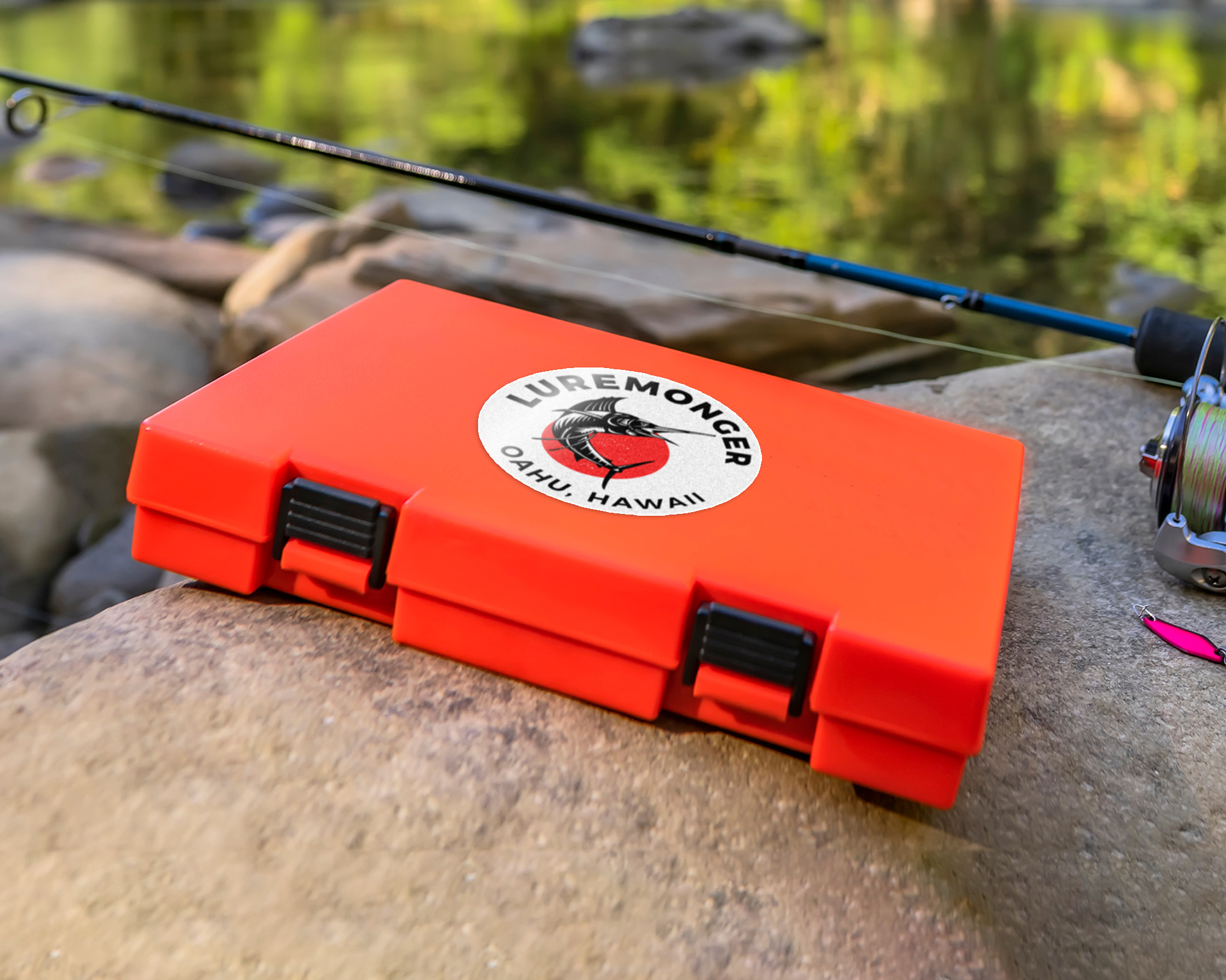 a heavy duty sticker on a red fishing tackle box