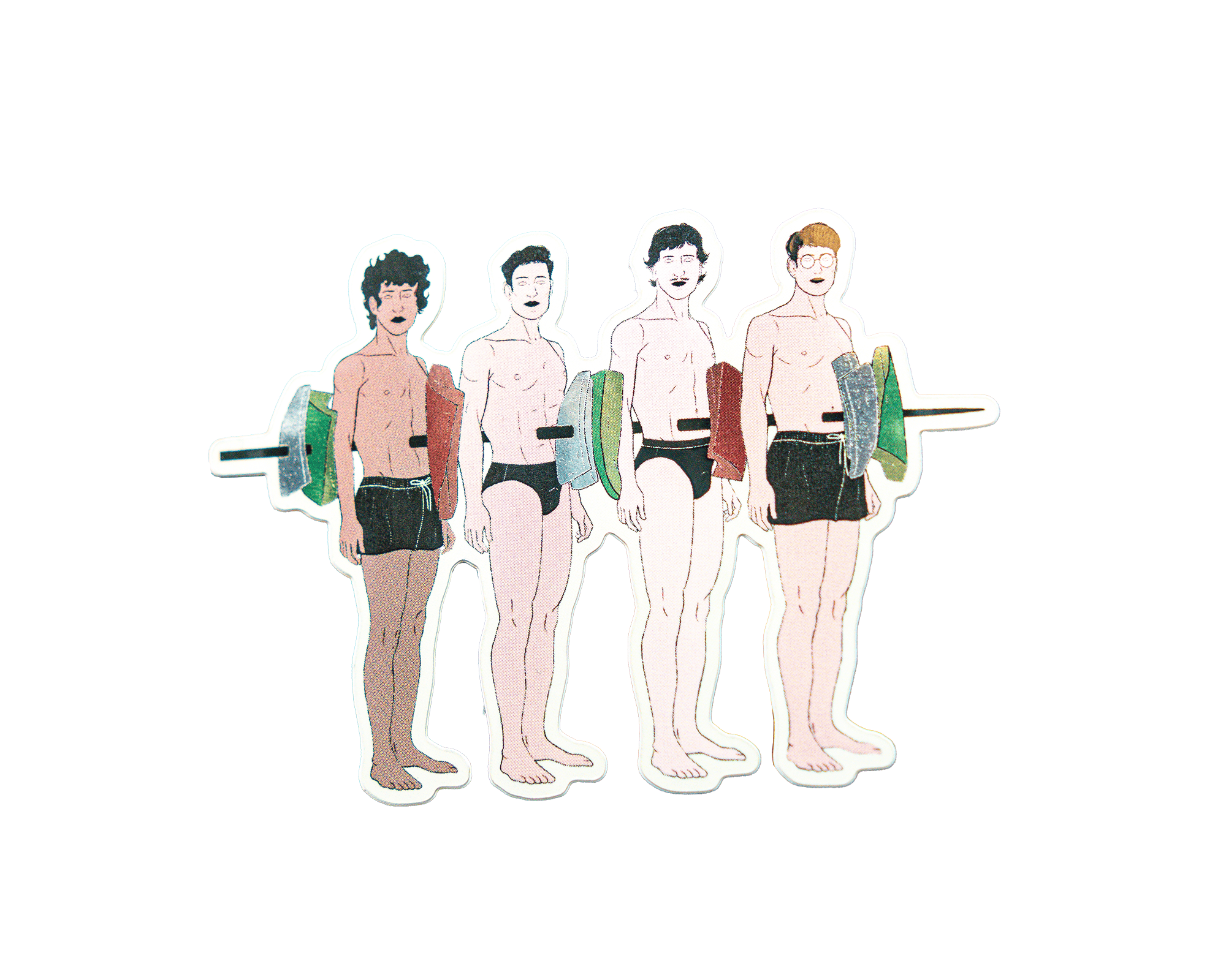 Vinyl sticker of four shirtless men in swim trunks standing in a row, each holding a barbell with colorful weights.