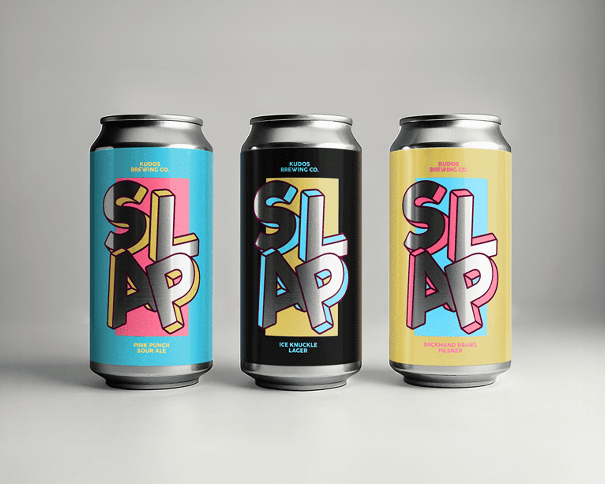 Three colorful beer cans with bold "SLAP" label: pink punch sour ale, ice knuckle lager, and backyard brutal pale ale.