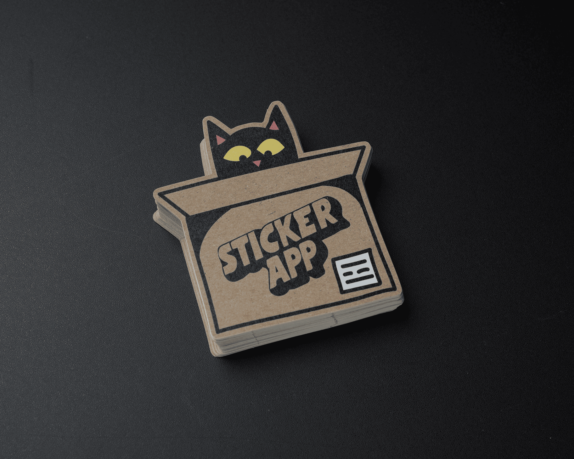 Stack of kraft stickers featuring a black cat peeking from a cardboard box labeled "Sticker App" on a dark surface.