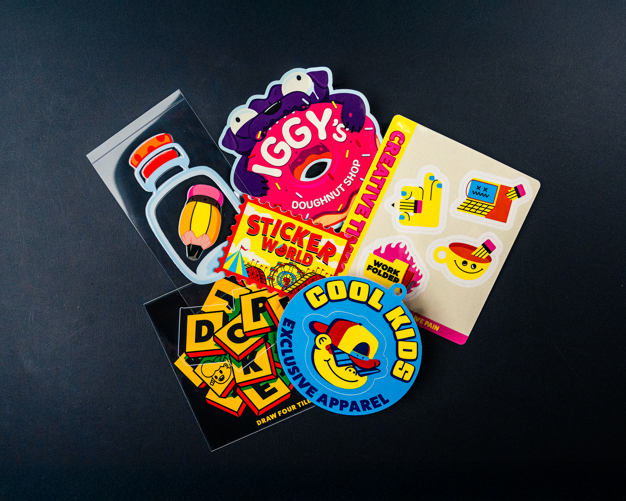 A pile of mixed stickers