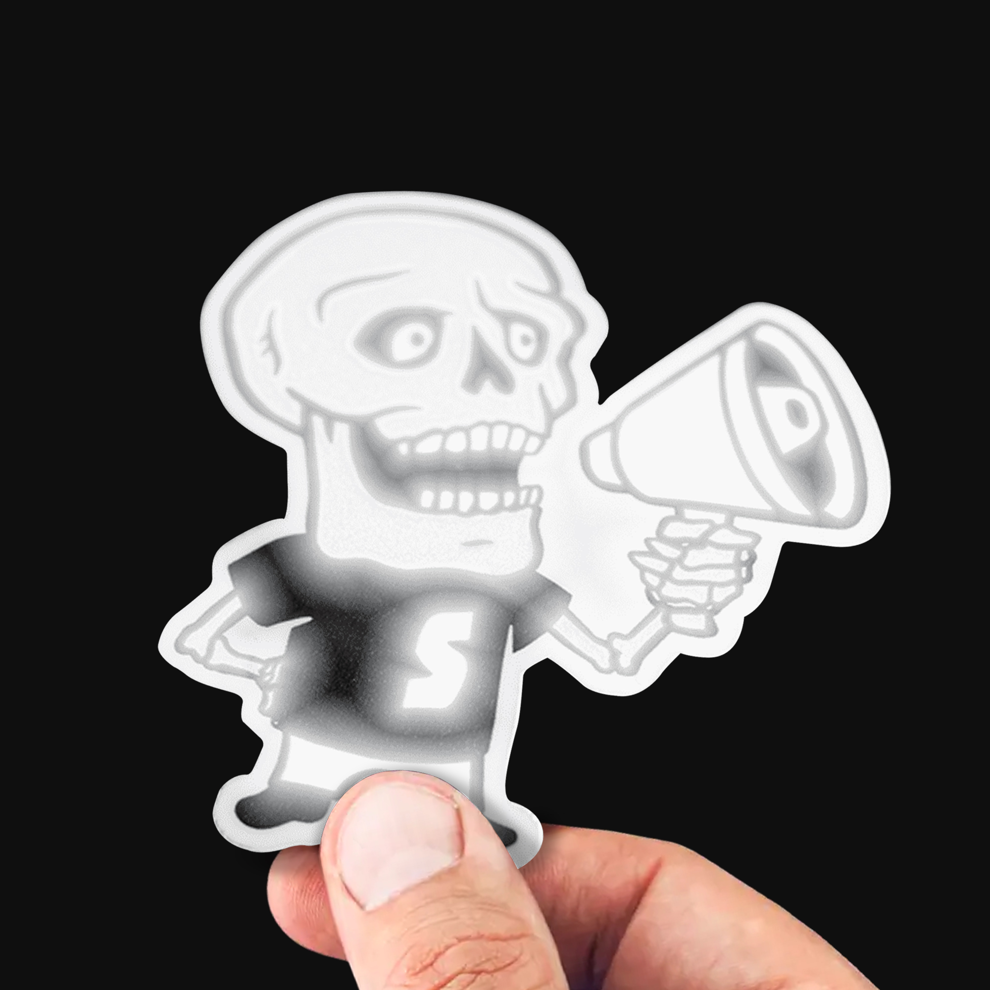 Reflecterende skeletsticker die in een megafoon schreeuwt