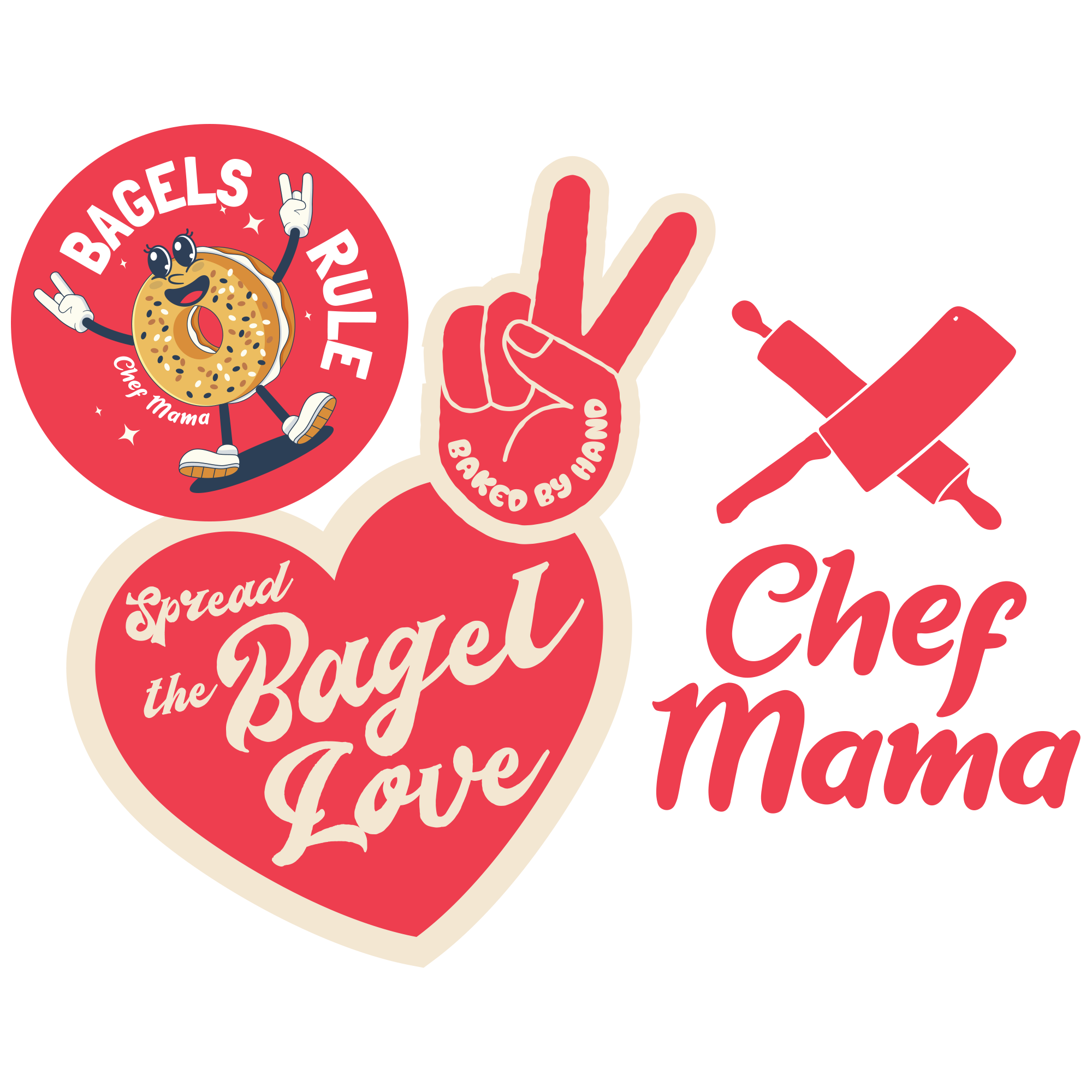 Vinyl stickers showing a bagel with arms and legs, peace sign hand, rolling pin and logo Chef Mama.