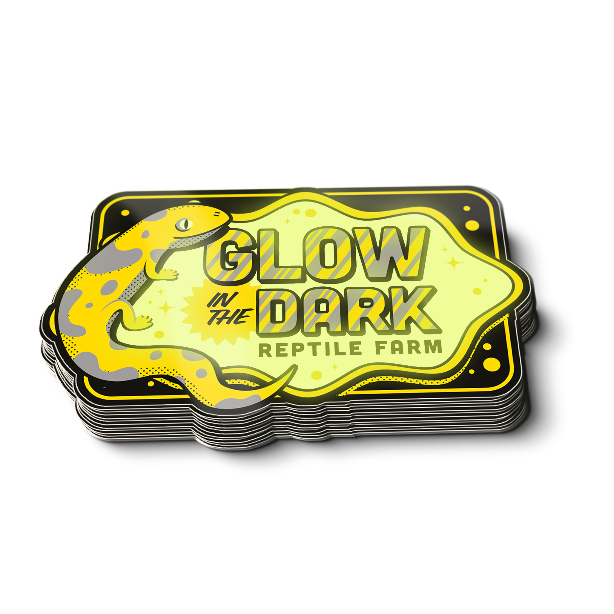 Stapel contourgesneden stickers met een gele hagedis en de tekst "Glow in the Dark Reptile Farm"