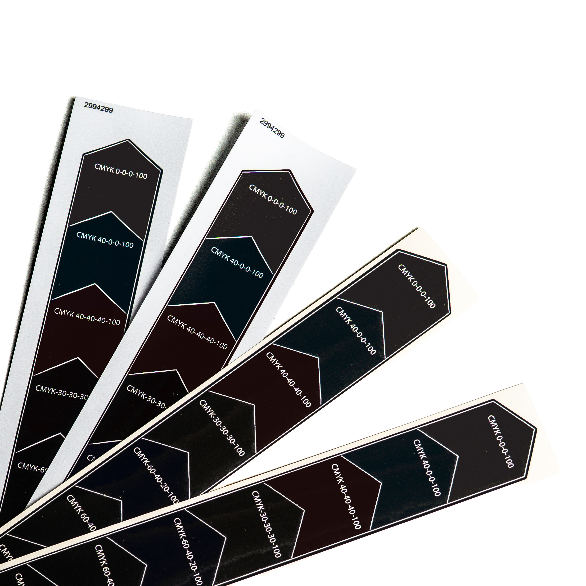 Four black color swatch cards with CMYK codes, fanned out on a white background.